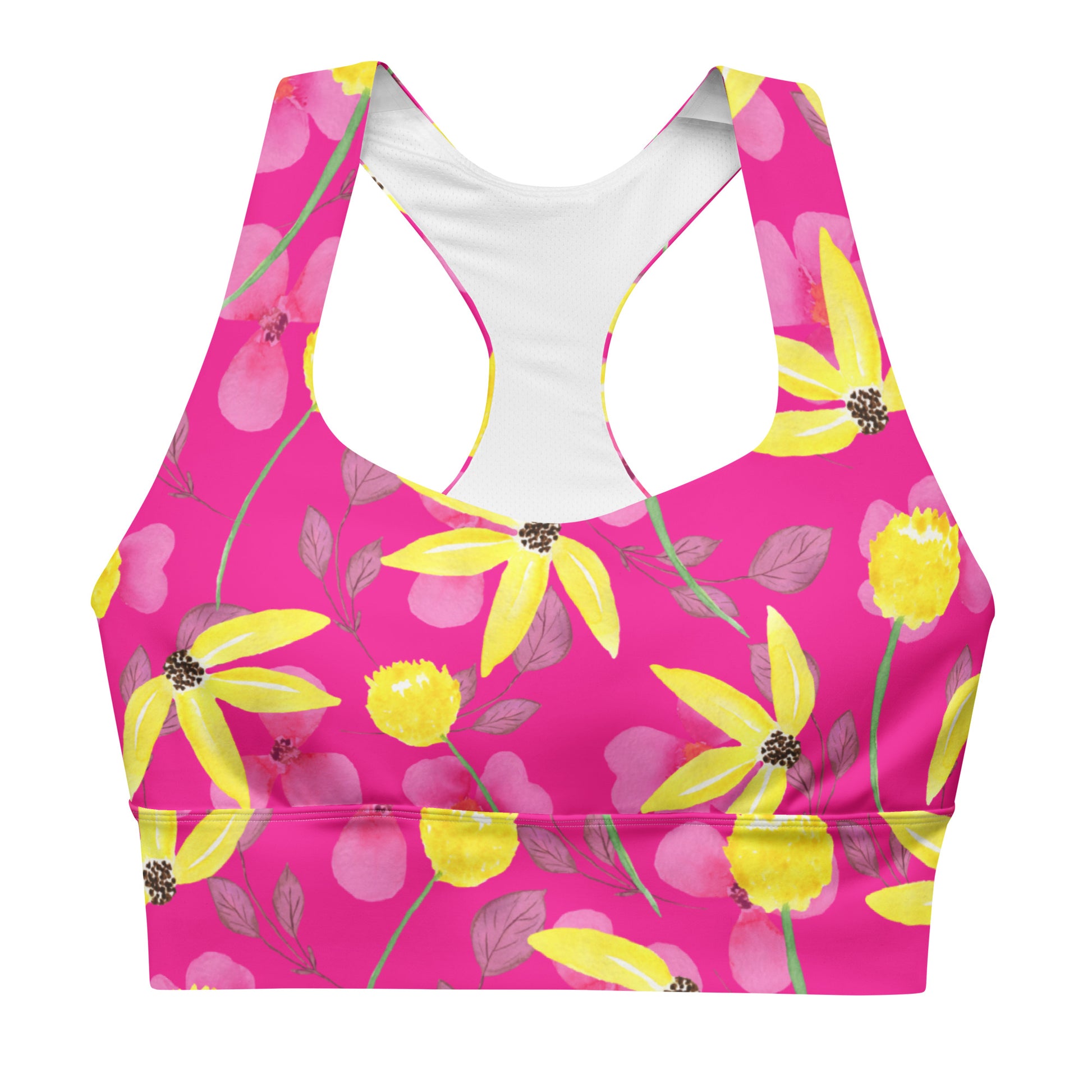 A sports bra with a longline silhouette, featuring a vibrant red color with a floral pattern of daisies, displayed against a white background.