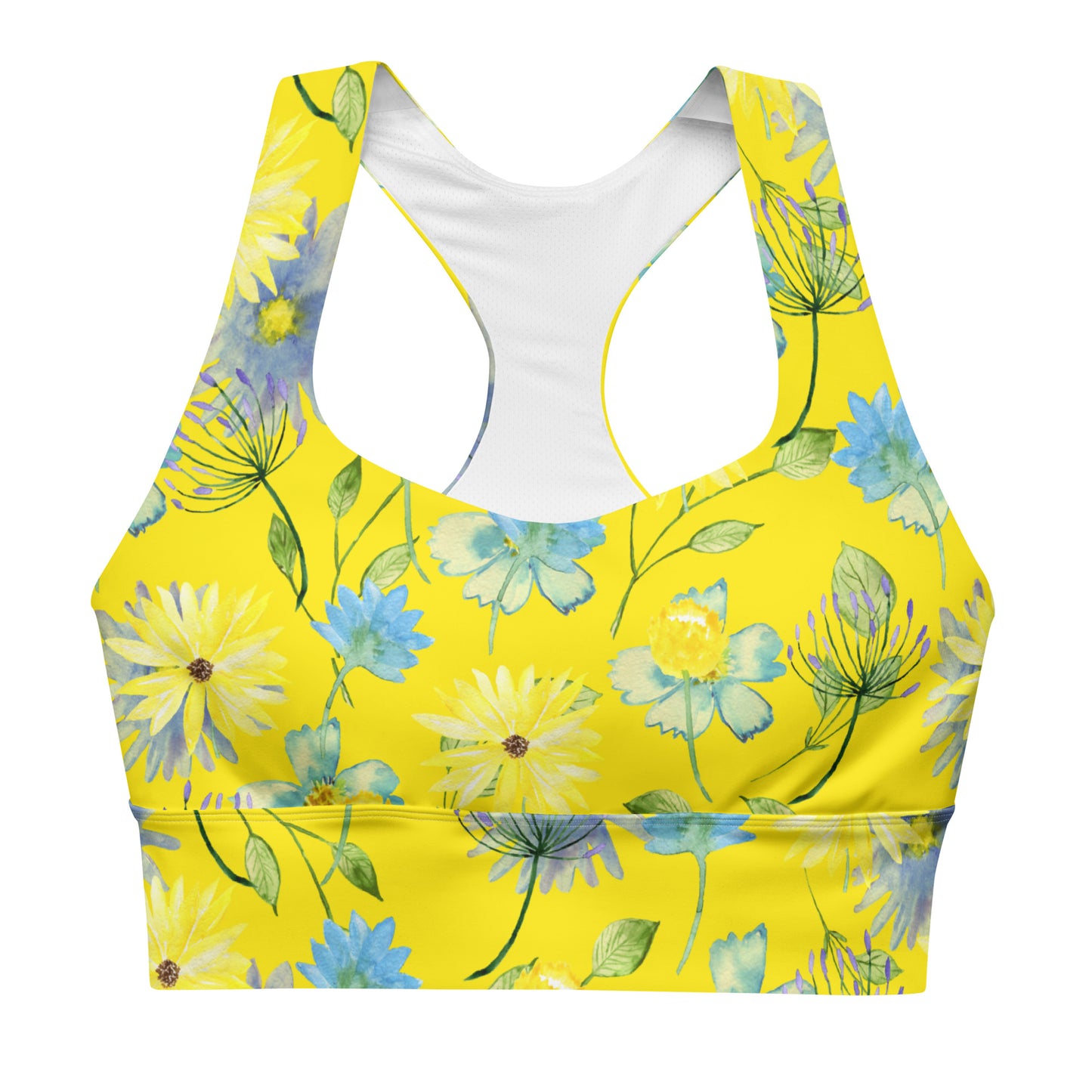 A yellow sports bra with a floral pattern, featuring double-layered front and shoulder straps, and a mesh lining.