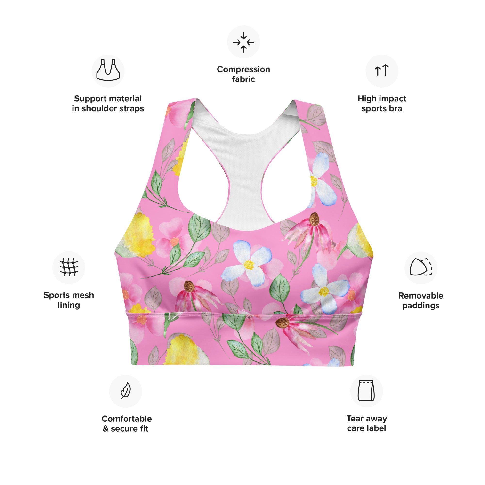 Longline sports bra- Summer Flowers Pink