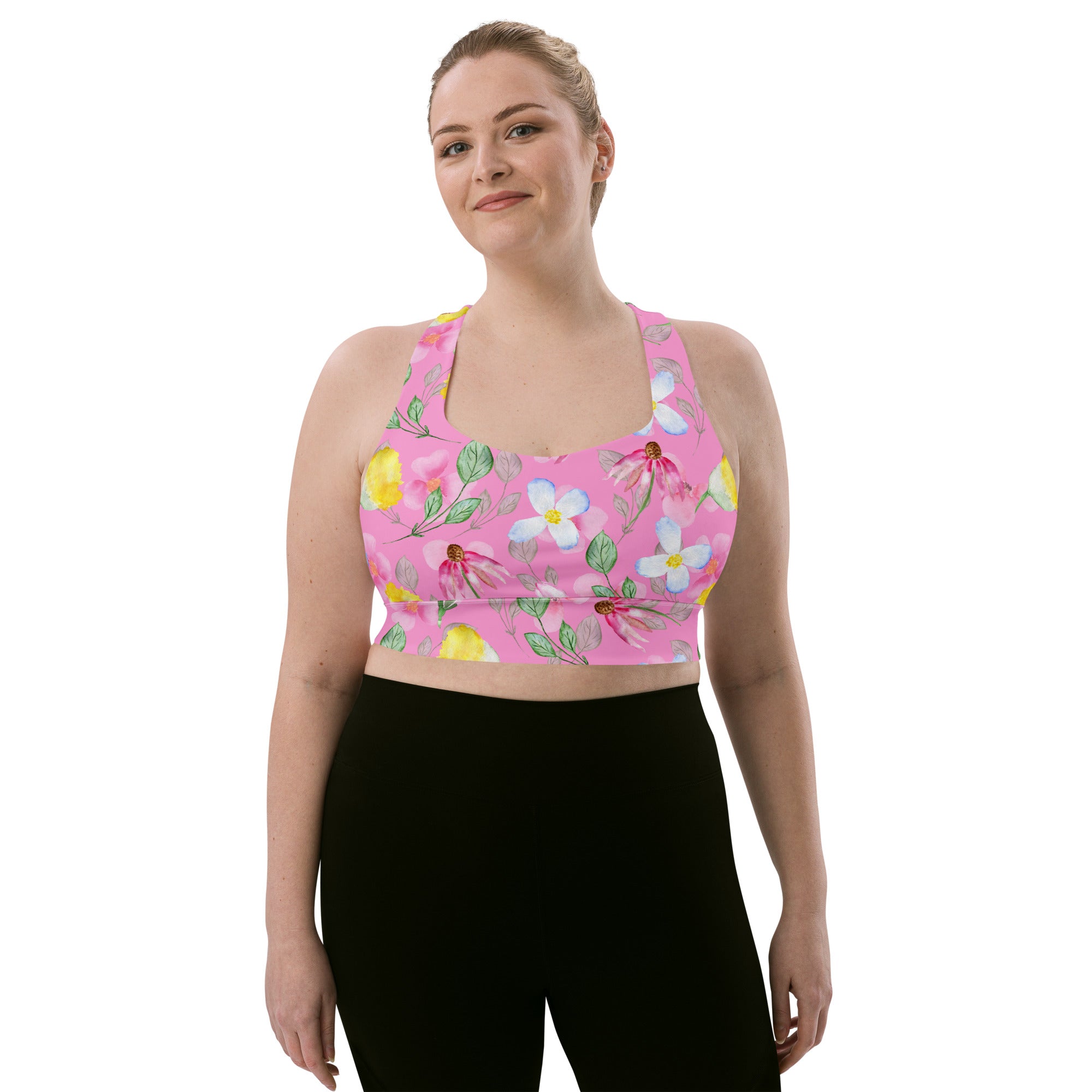 Longline sports bra- Summer Flowers Pink