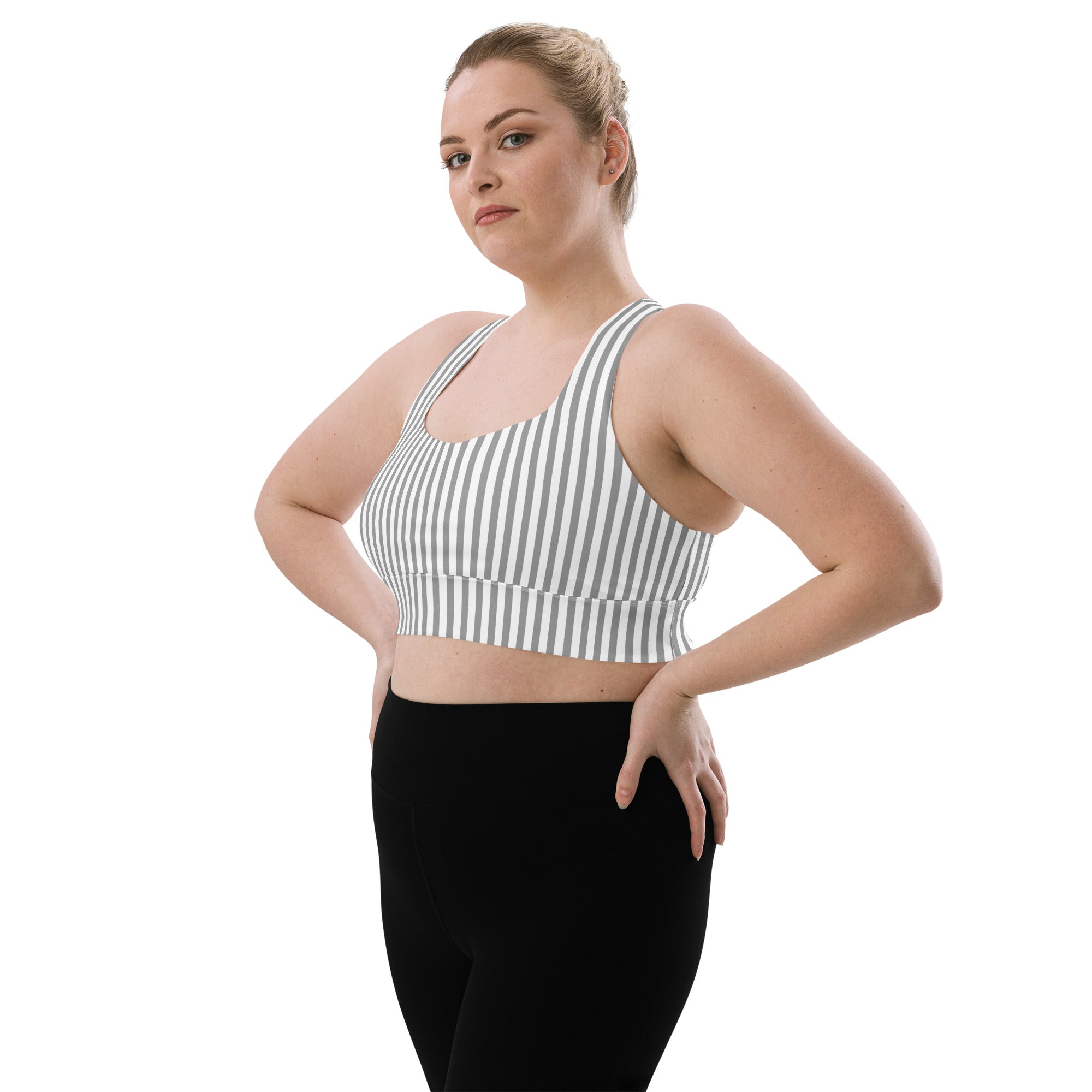Longline sports bra- White and Grey Stripes