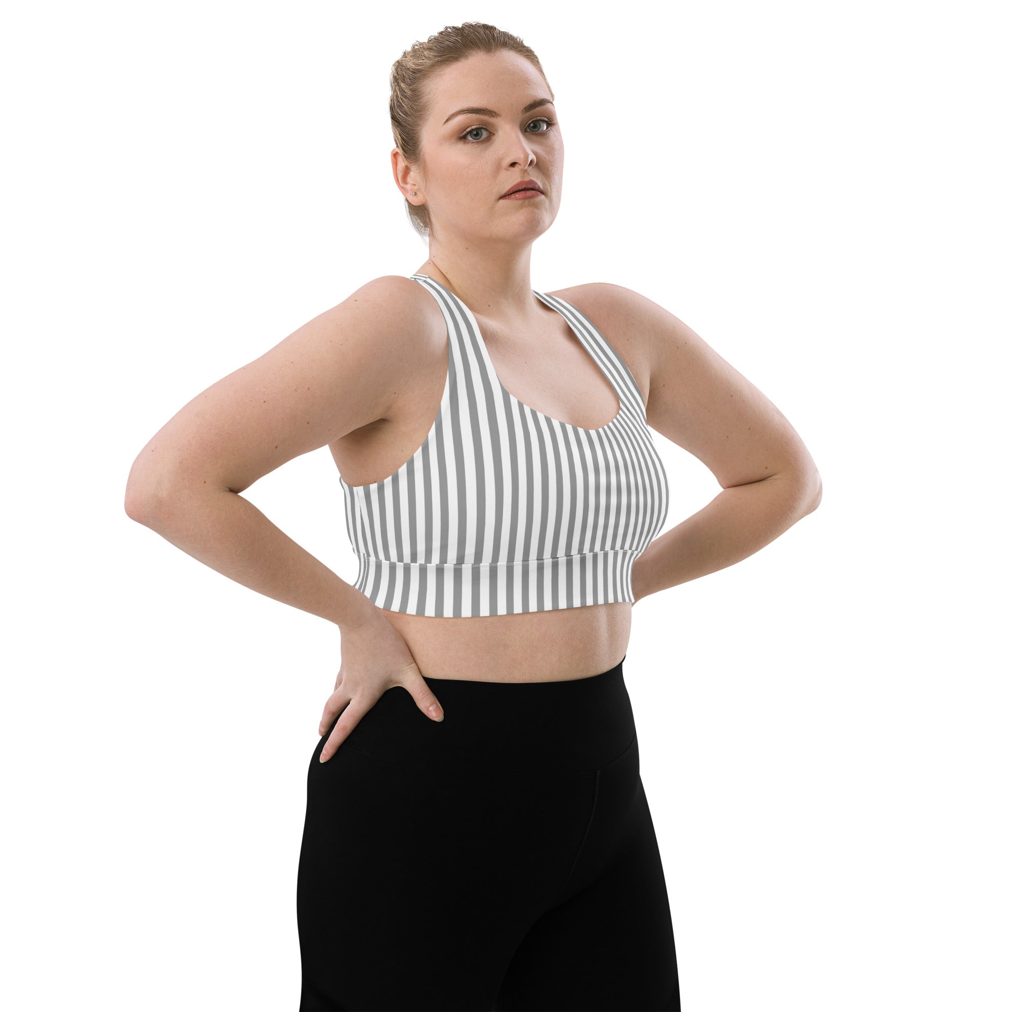 Longline sports bra- White and Grey Stripes