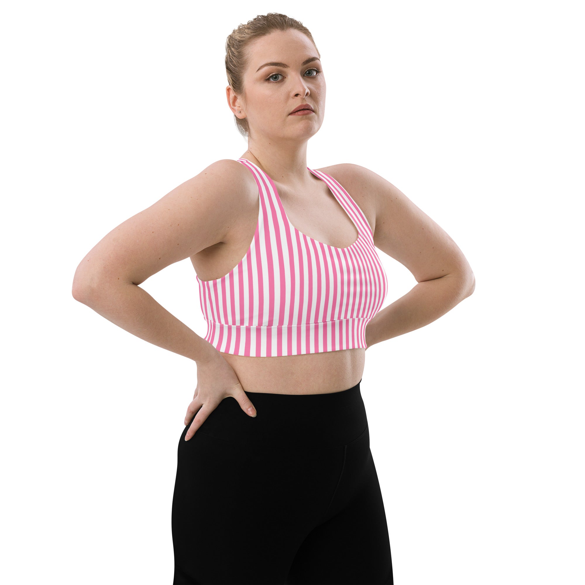 Longline sports bra- White and Pink Stripes