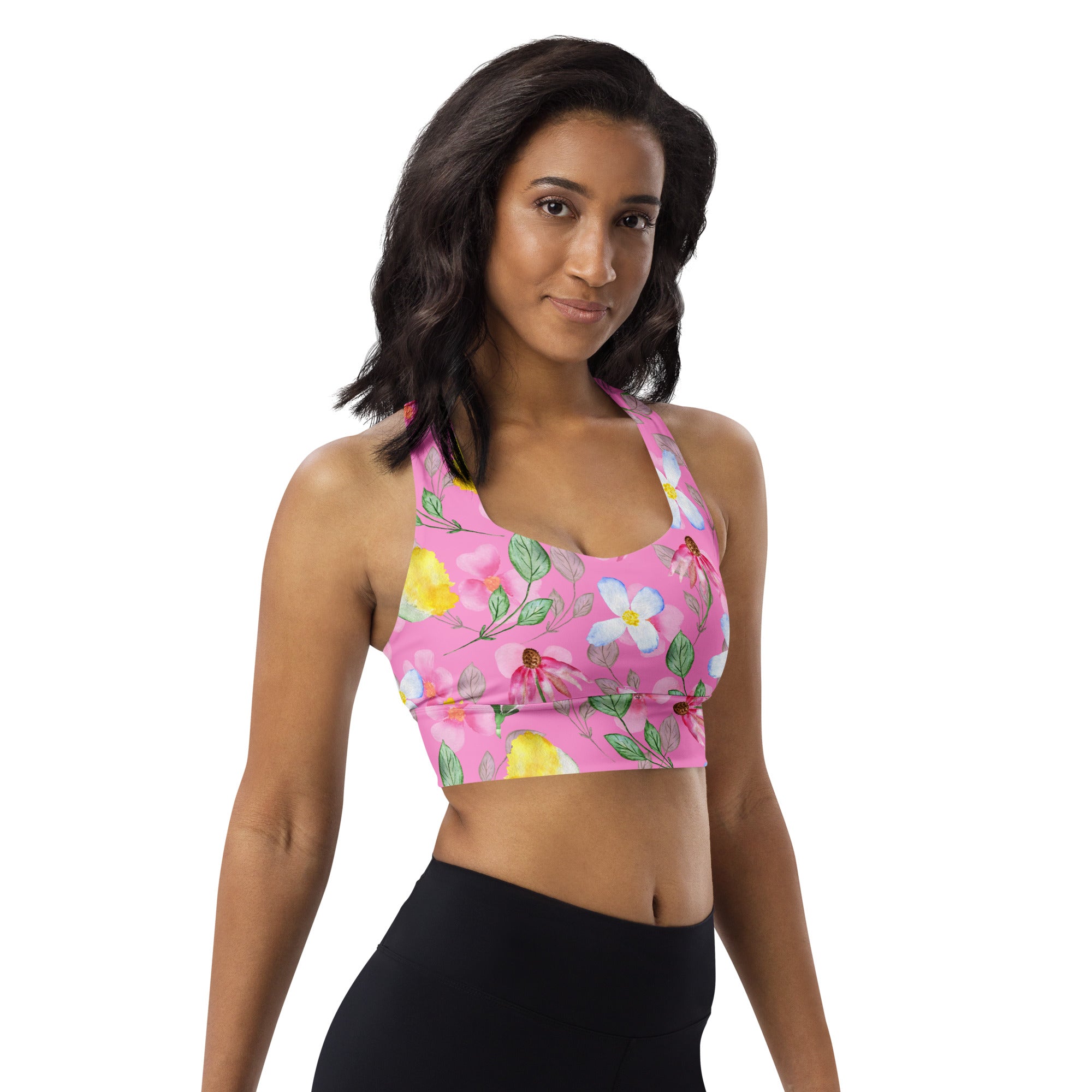 Longline sports bra- Summer Flowers Pink