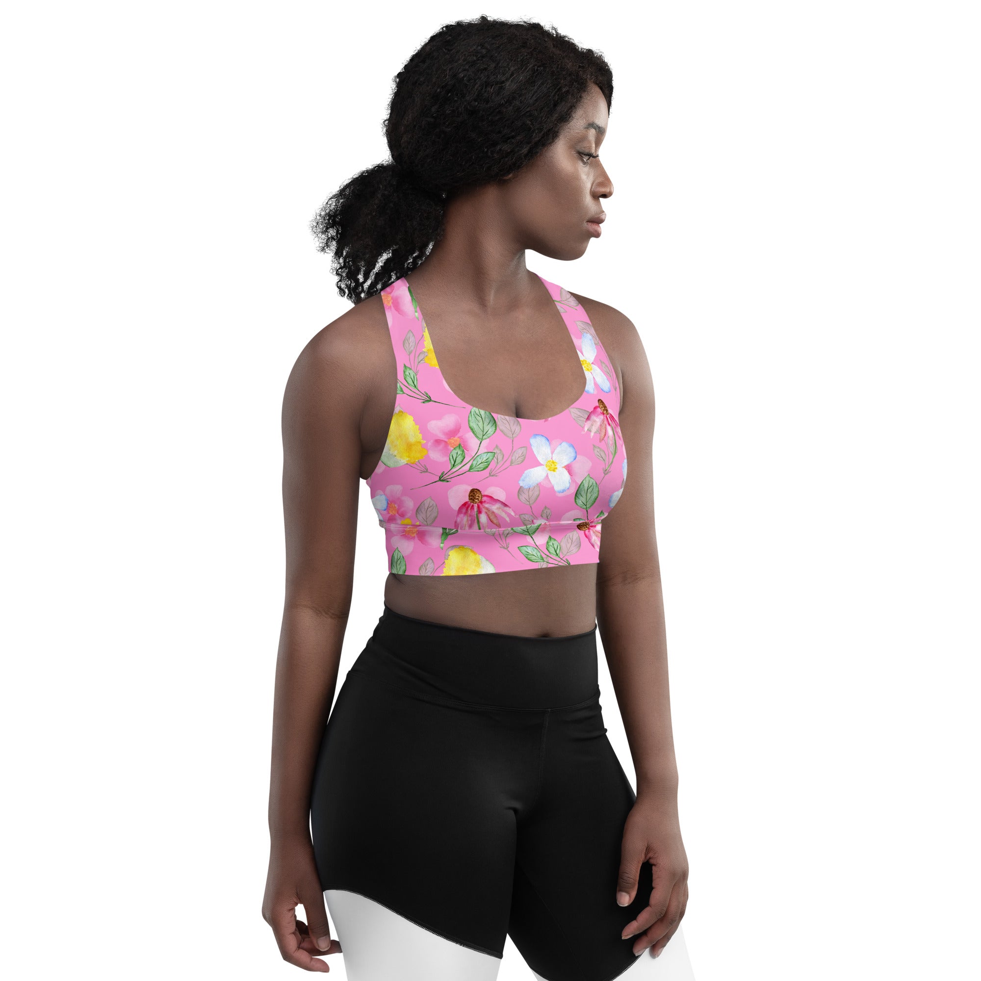 Longline sports bra- Summer Flowers Pink