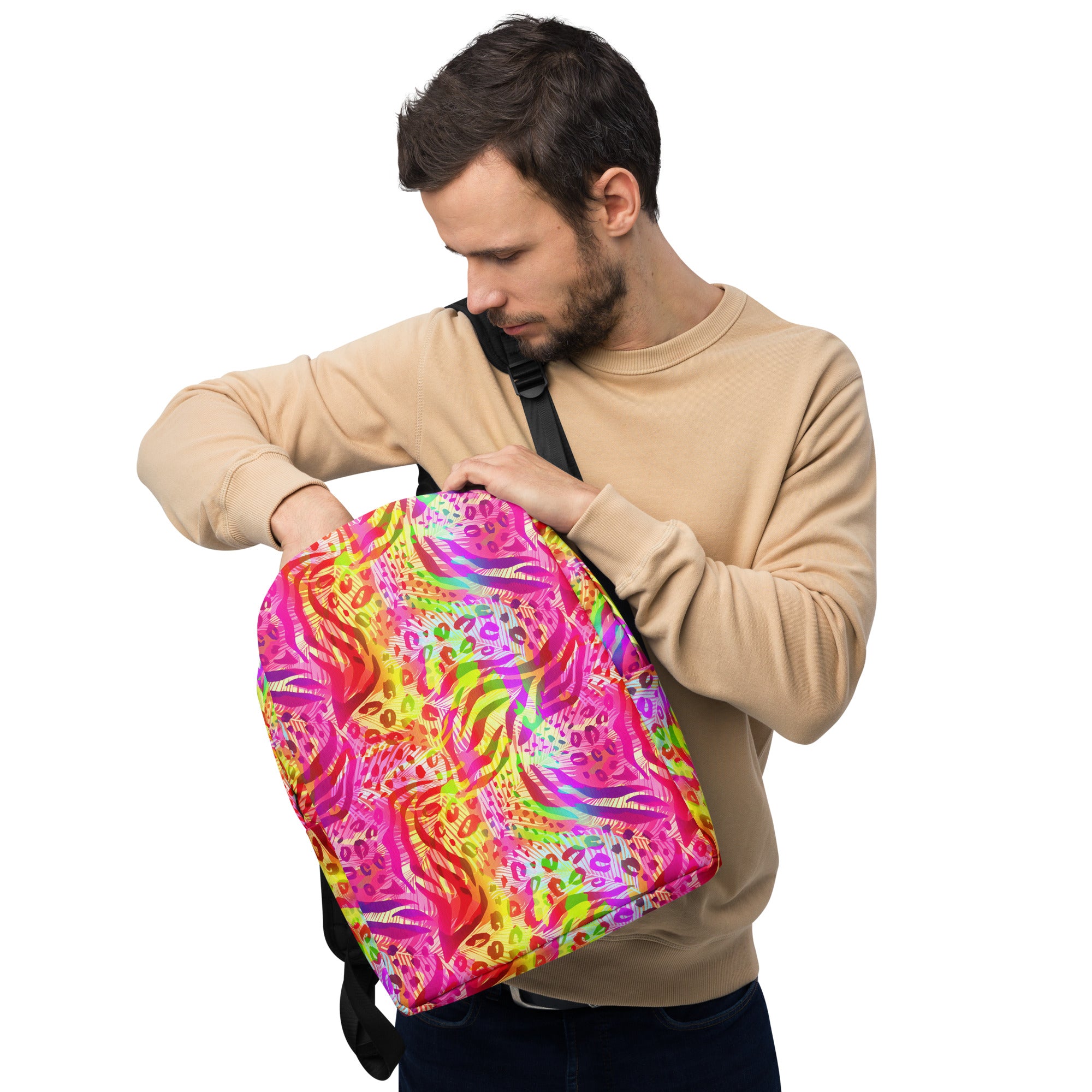 Minimalist Backpack- Animal print summer Yellow,Red with Pink