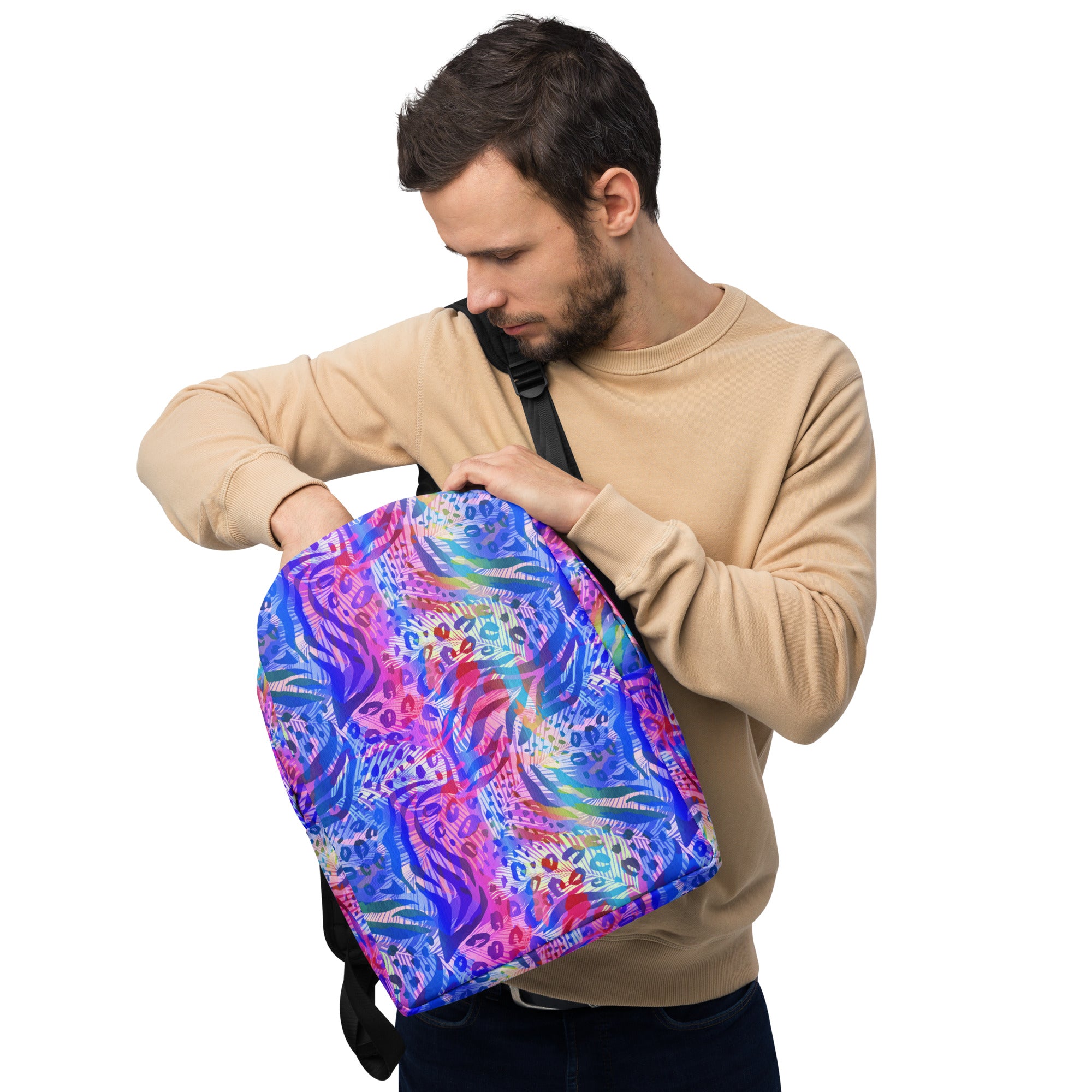 Minimalist Backpack- Animal print summer Blue,Pink with Yellow
