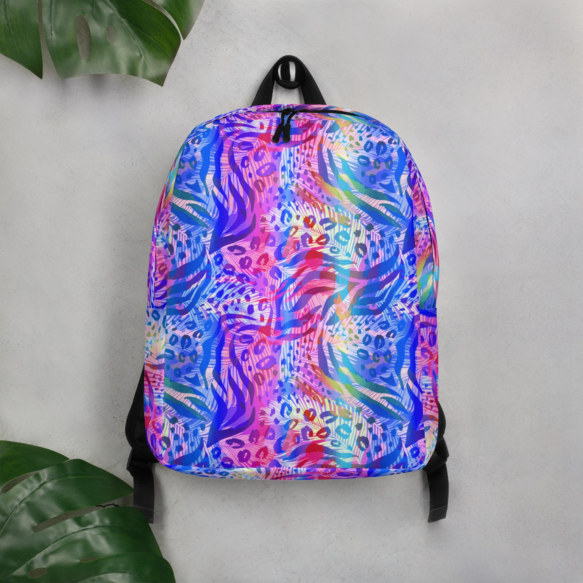 Minimalist Backpack- Animal print summer Blue,Pink with Yellow