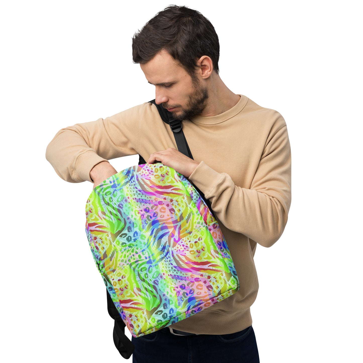 Minimalist Backpack- Animal print summer Green,Blue with Yellow