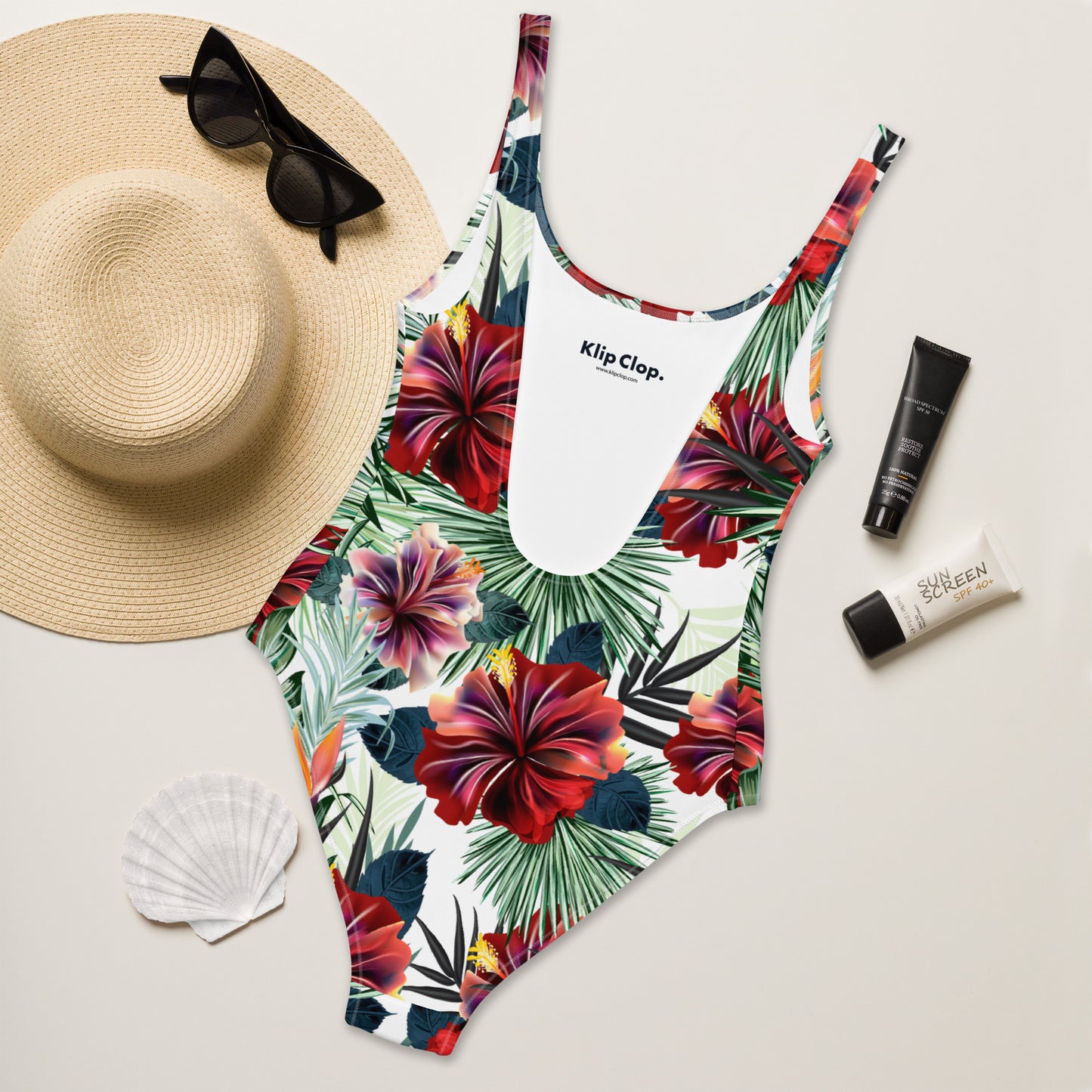 One-Piece Swimsuit- Palm leafs and Hibiscus flowers