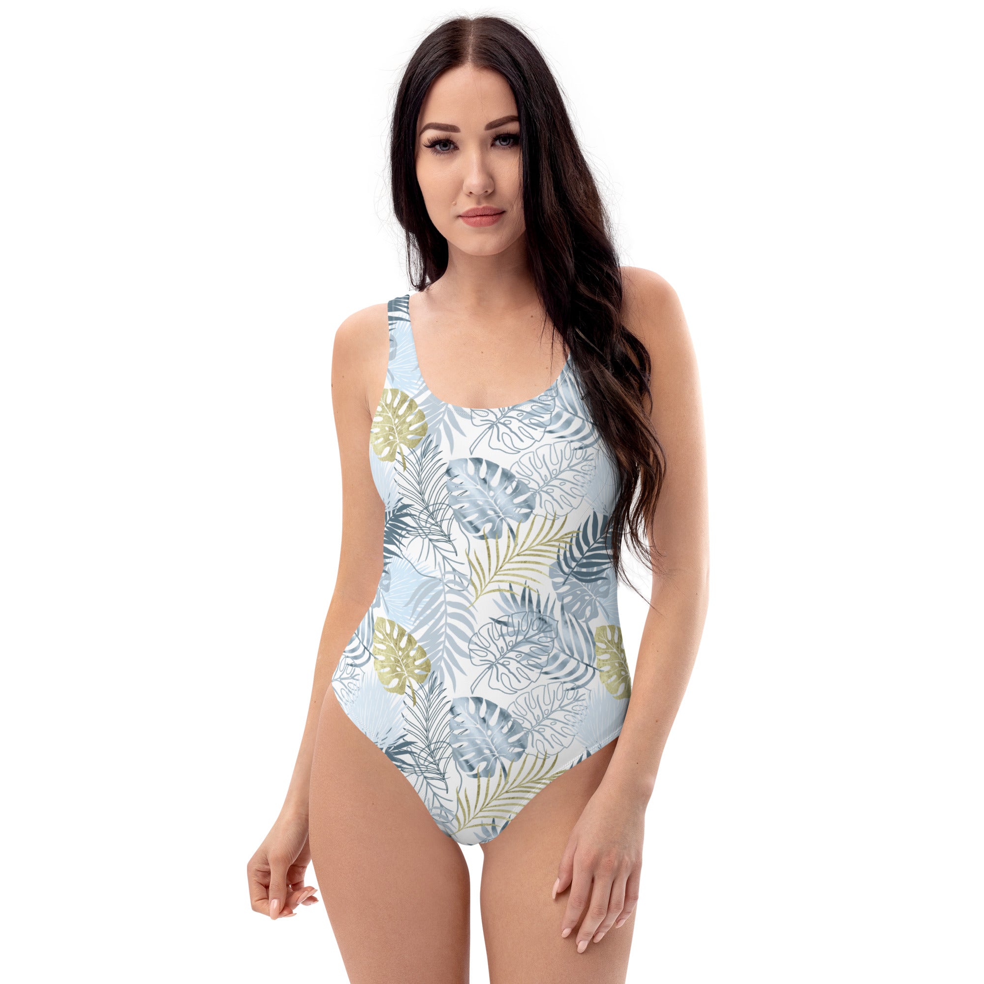 One-Piece Swimsuit- Tropical leafs White
