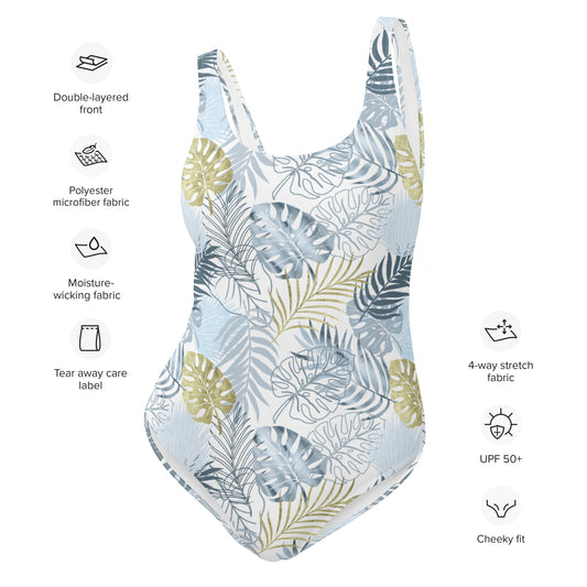 One-Piece Swimsuit- Tropical leafs White