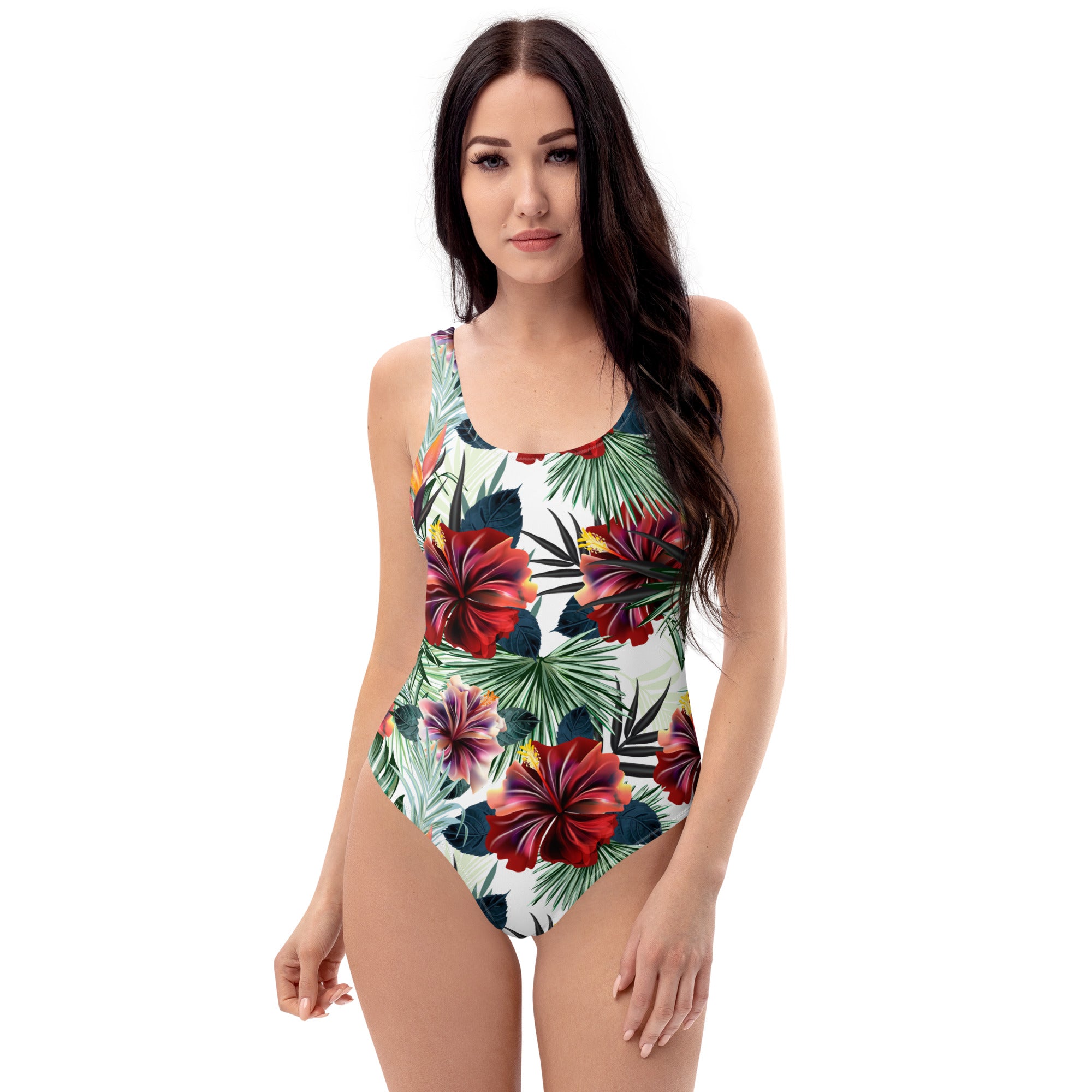 One-Piece Swimsuit- Palm leafs and Hibiscus flowers