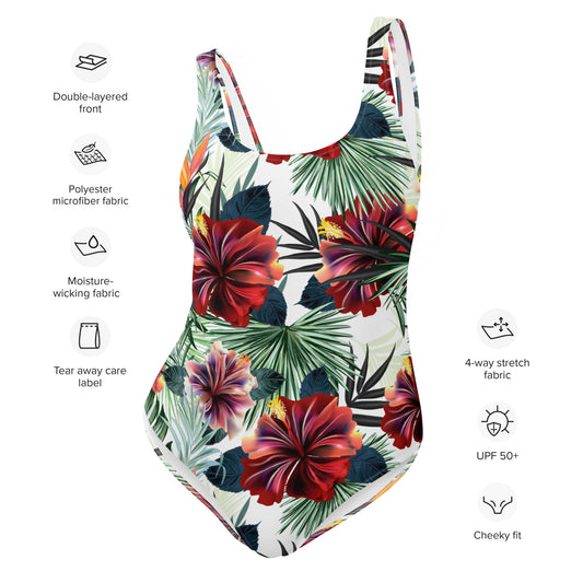One-Piece Swimsuit- Palm leafs and Hibiscus flowers