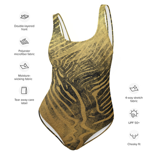 One-Piece Swimsuit- Safari Zebra Black and gold