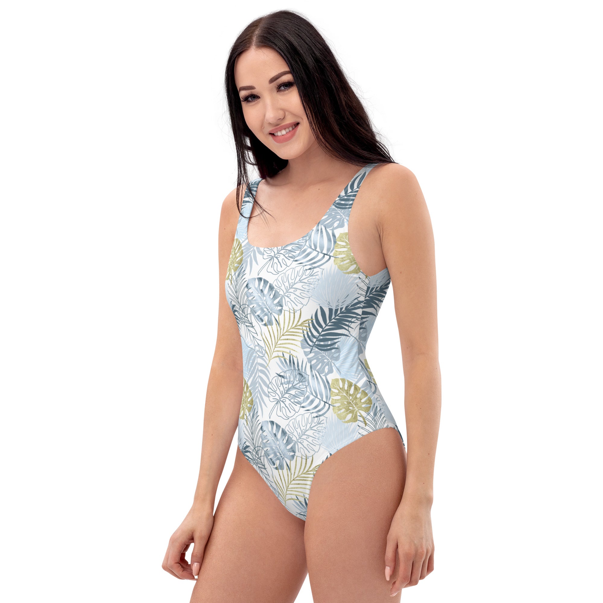 One-Piece Swimsuit- Tropical leafs White