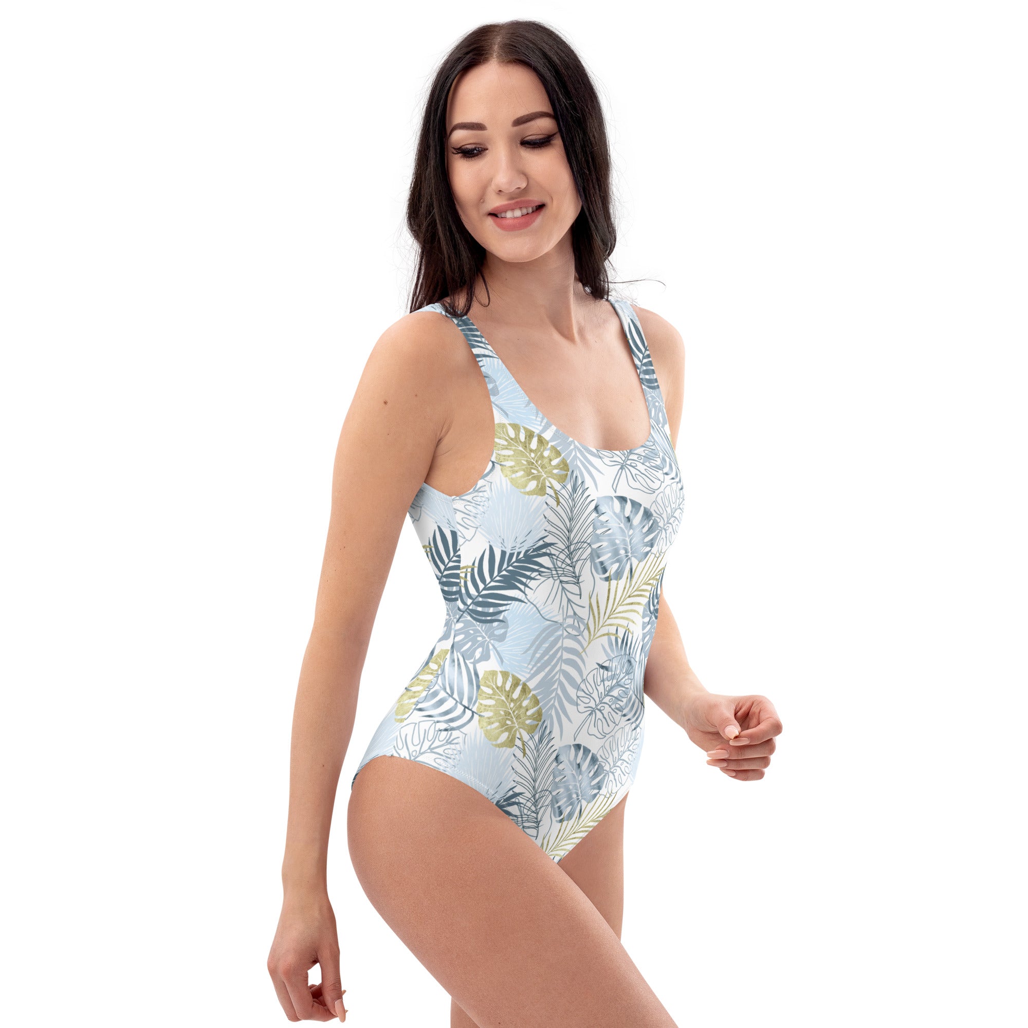 One-Piece Swimsuit- Tropical leafs White