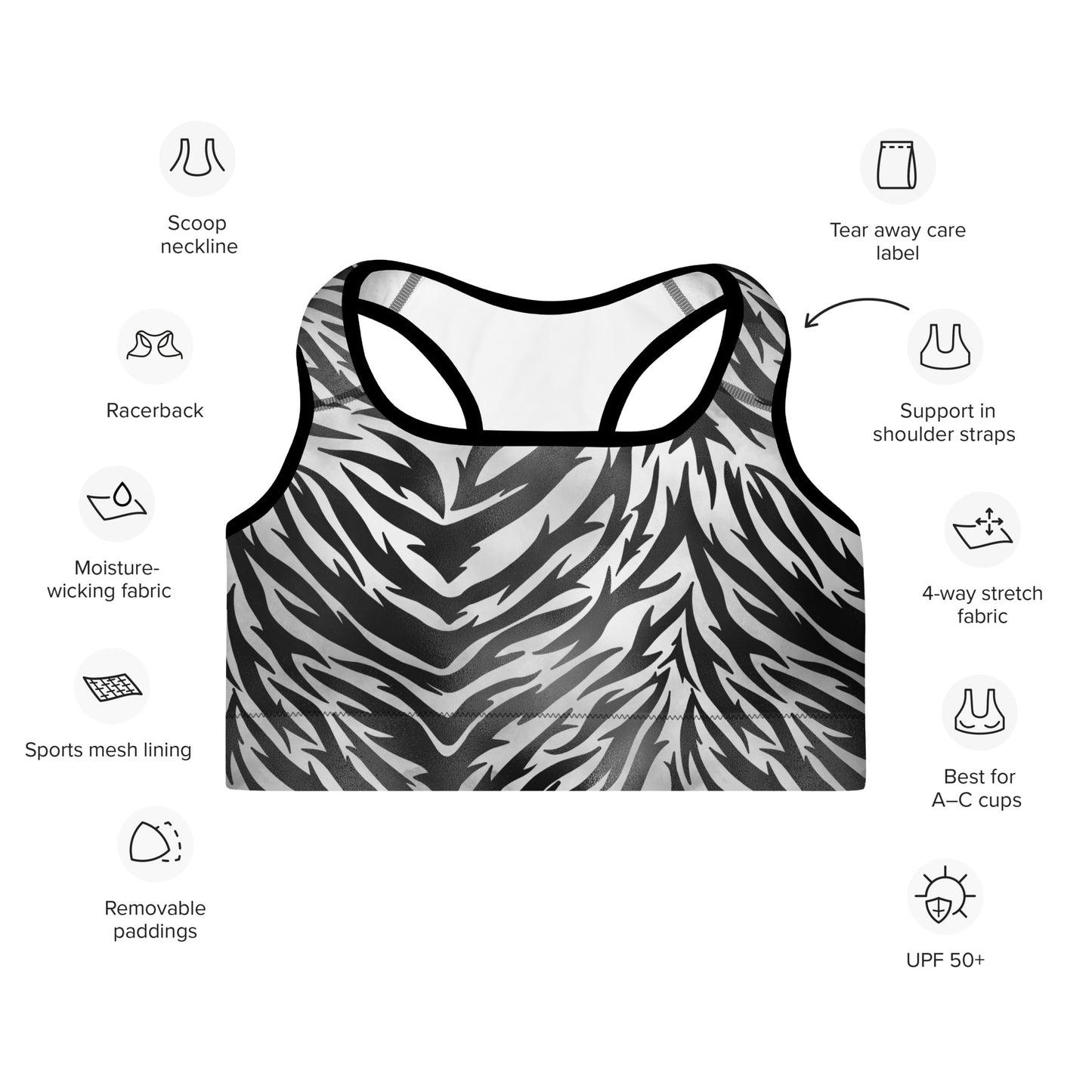 Padded Sports Bra- Zebra print Black and White