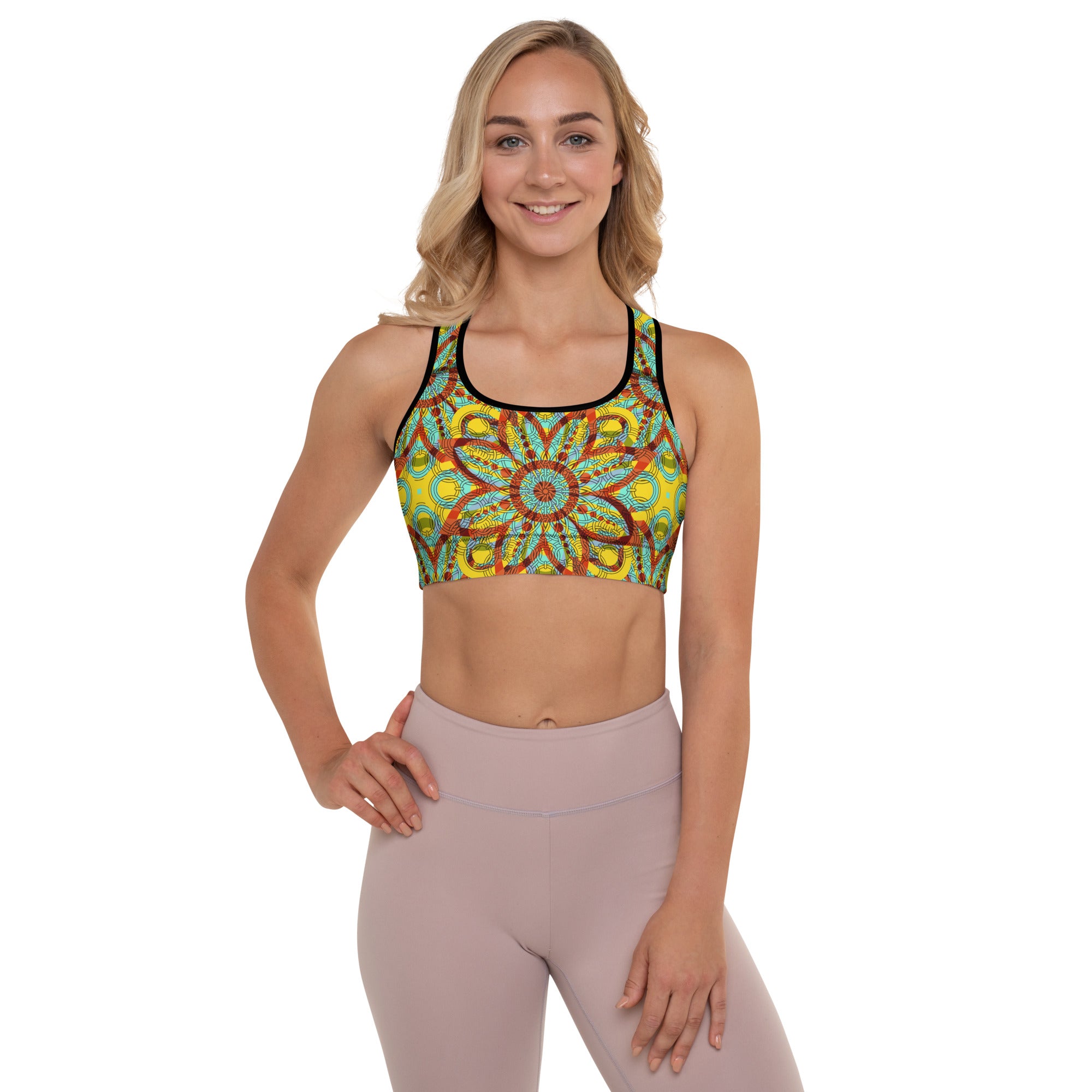 Padded Sports Bra- Floral kaleidoscope yellow