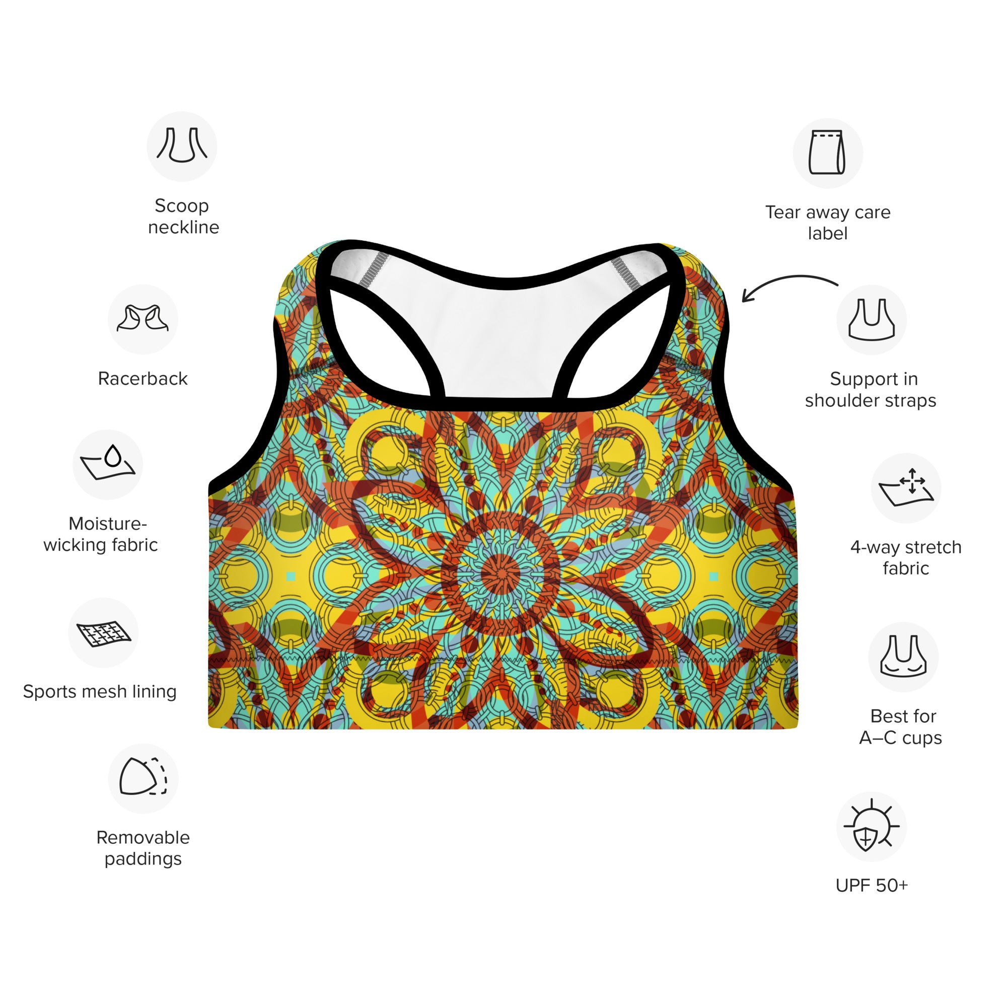 Padded Sports Bra- Floral kaleidoscope yellow