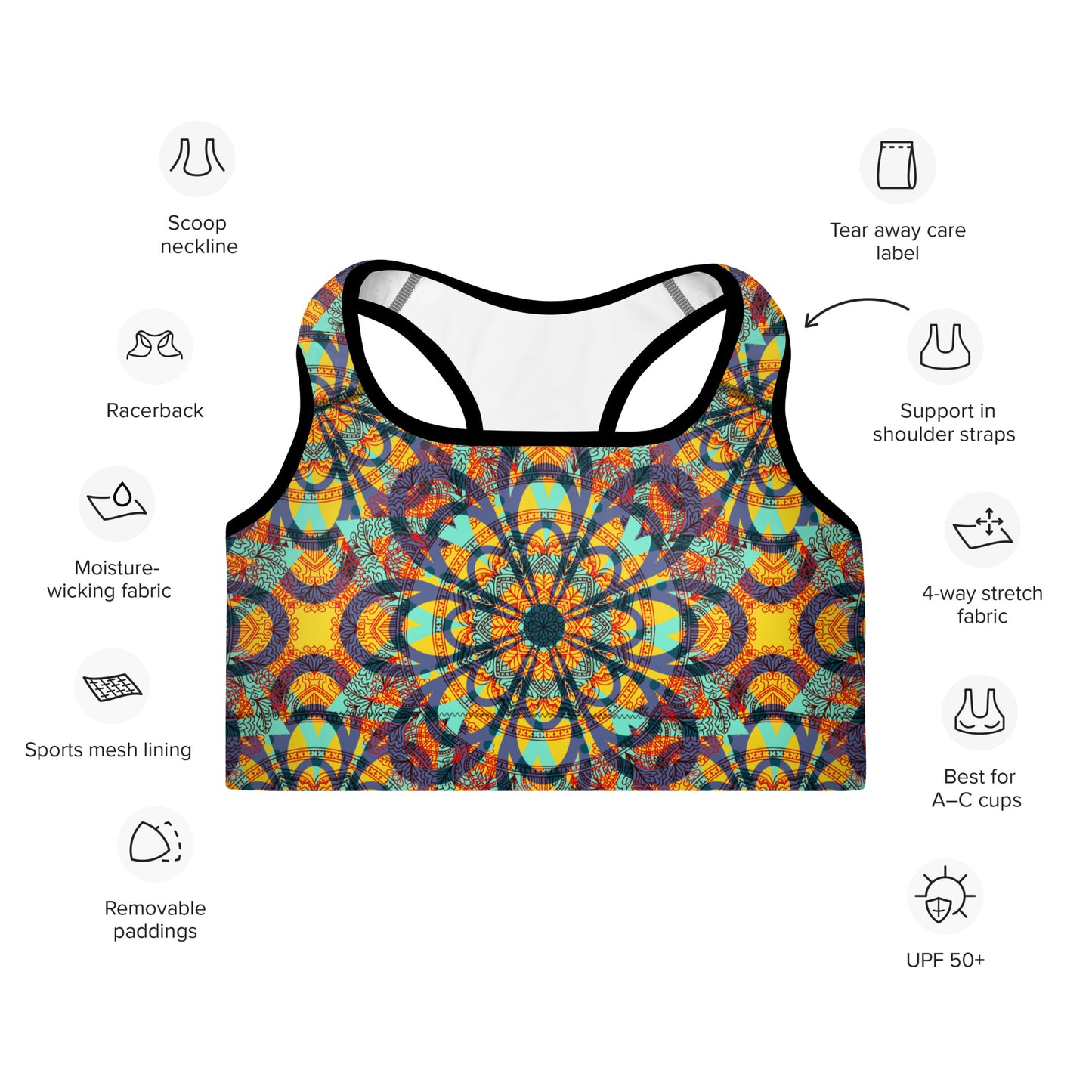 Padded Sports Bra-Floral kaleidoscope multicolour