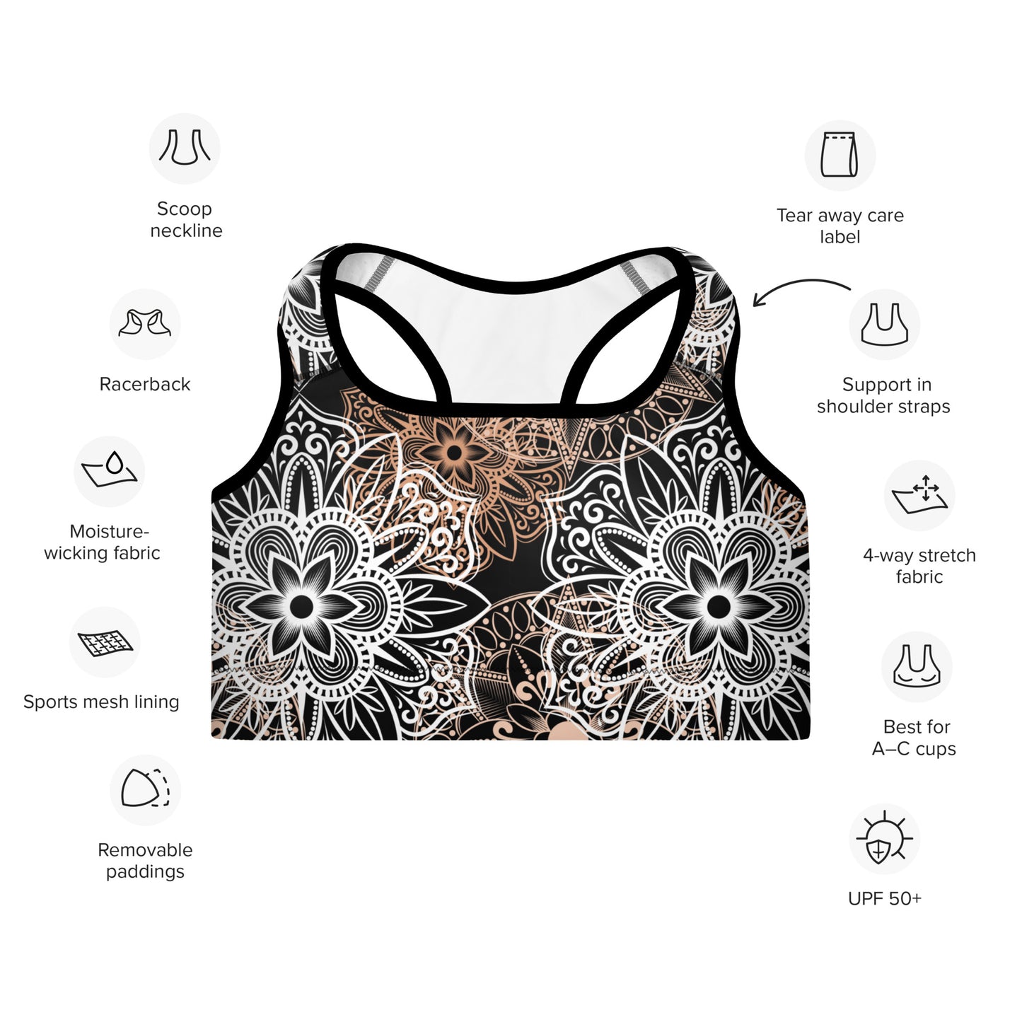 Padded Sports Bra- Mandala Brown and Black