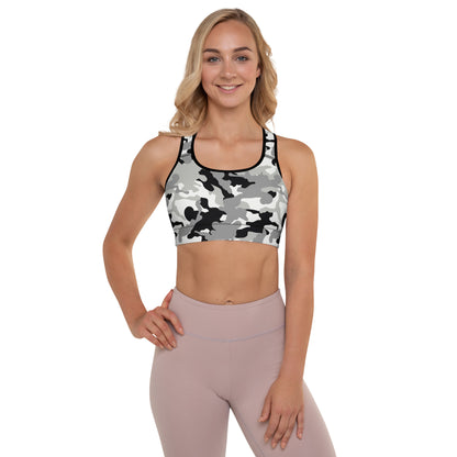 Padded Sports Bra- Camo grey and black