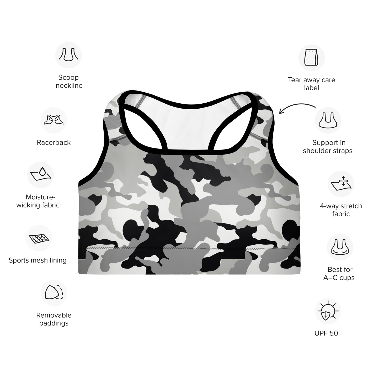 Padded Sports Bra- Camo grey and black