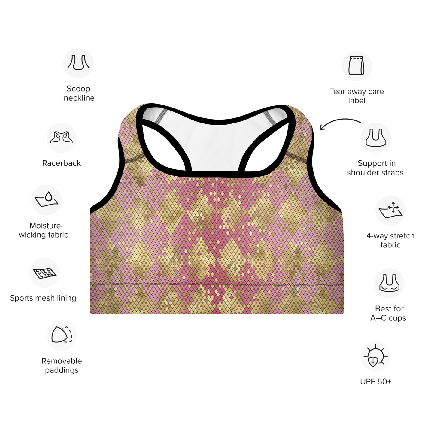 Padded Sports Bra- Snake print Pink and Gold