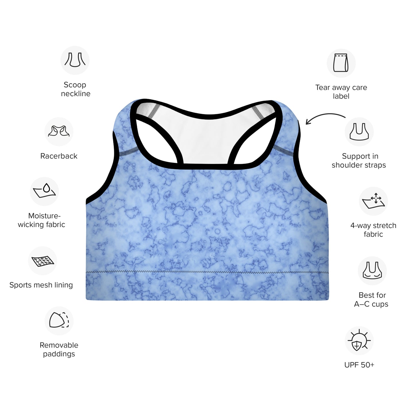 Padded Sports Bra- Marble Light Blue