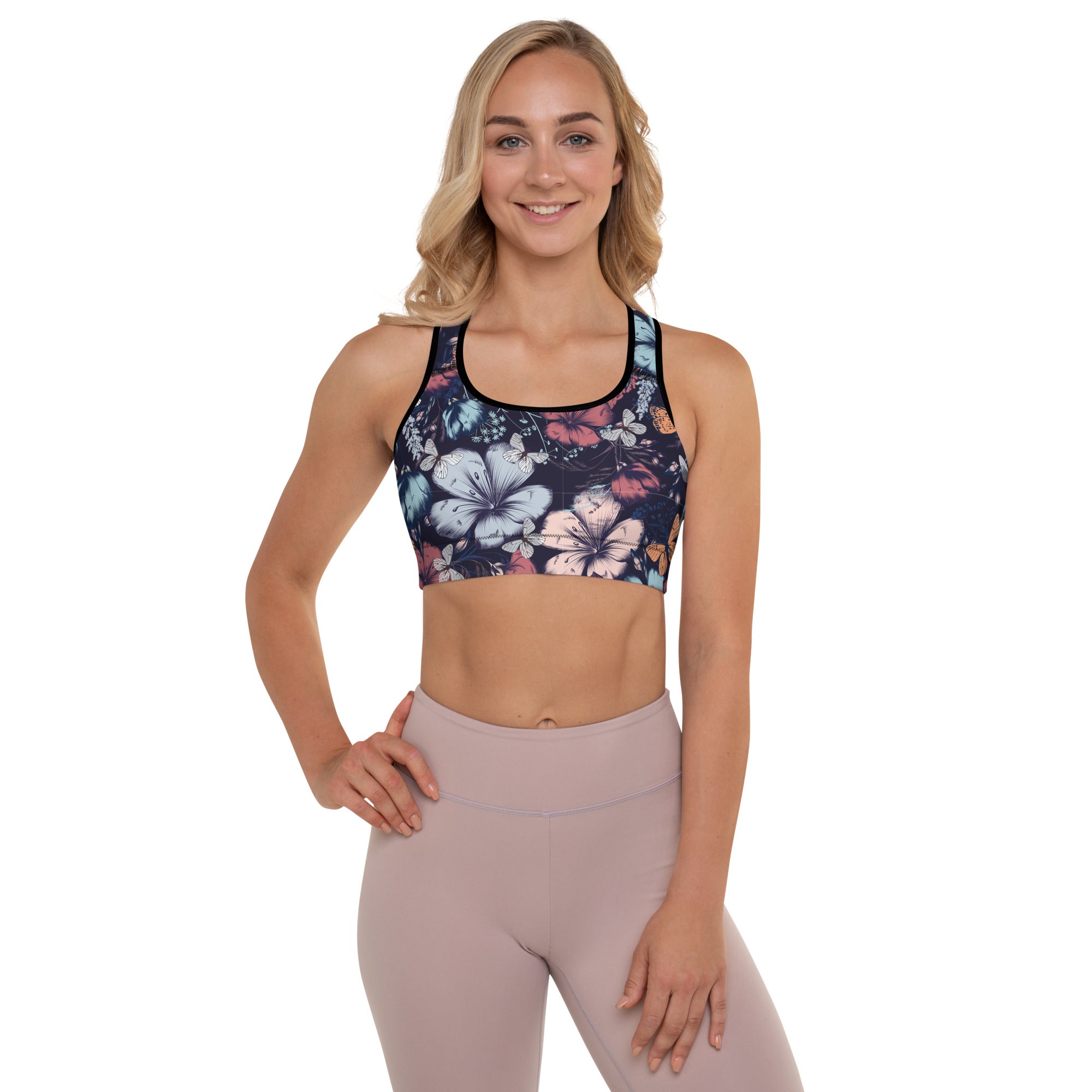 Padded Sports Bra- Butterfly garden vintage style