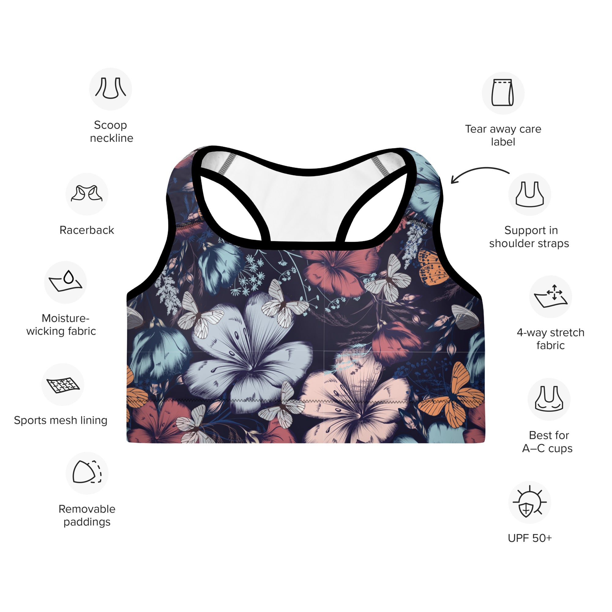 Padded Sports Bra- Butterfly garden vintage style