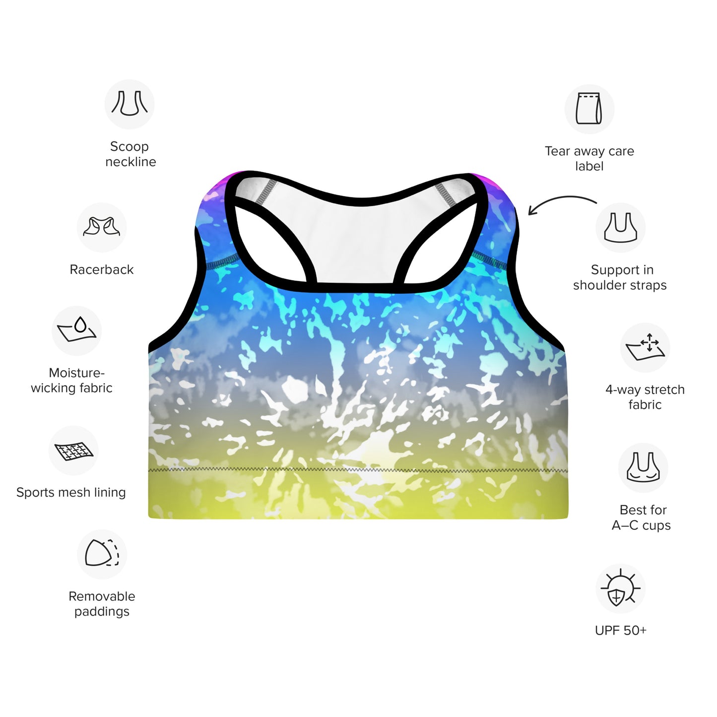 Padded Sports Bra- Tie dye multicolor splashes