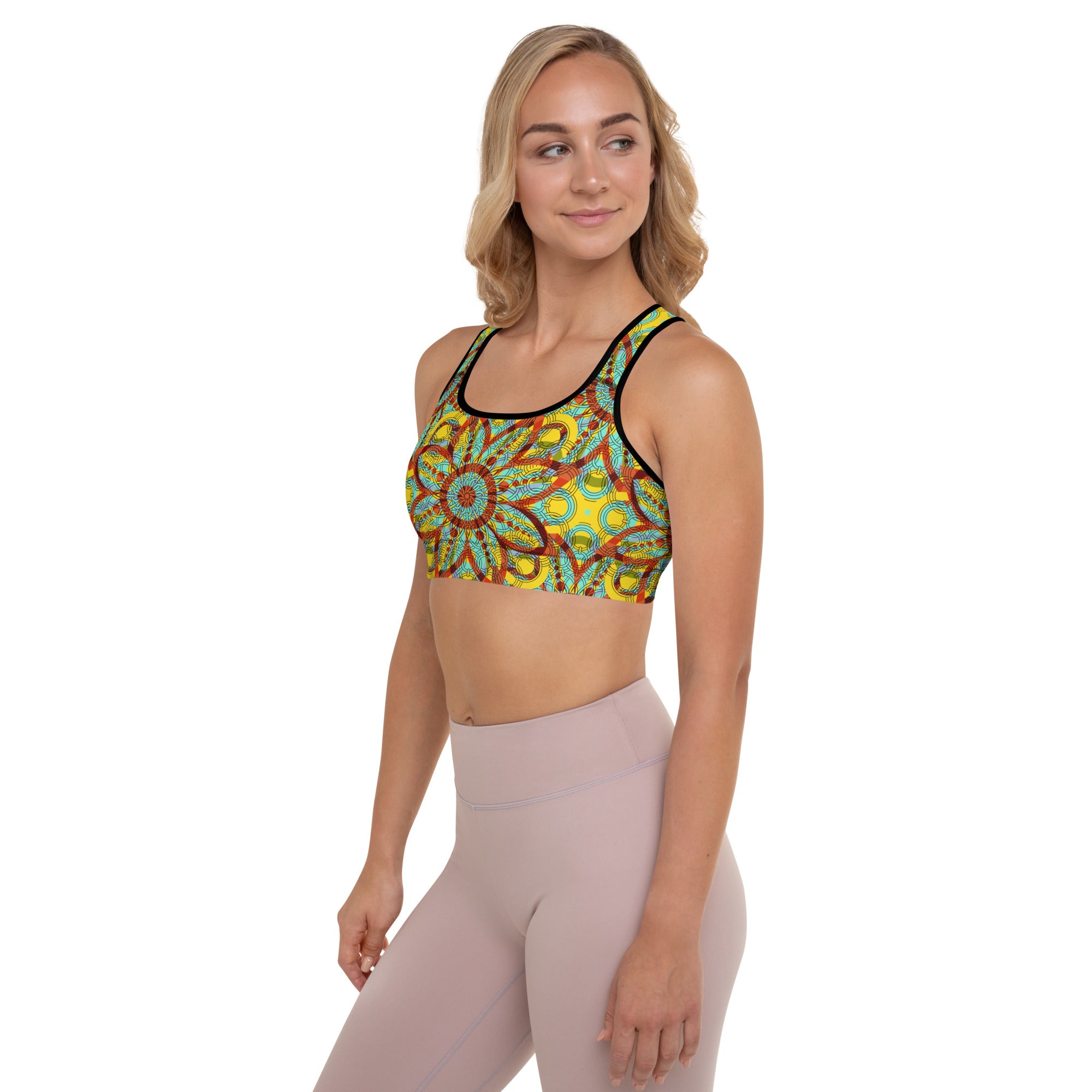 Padded Sports Bra- Floral kaleidoscope yellow