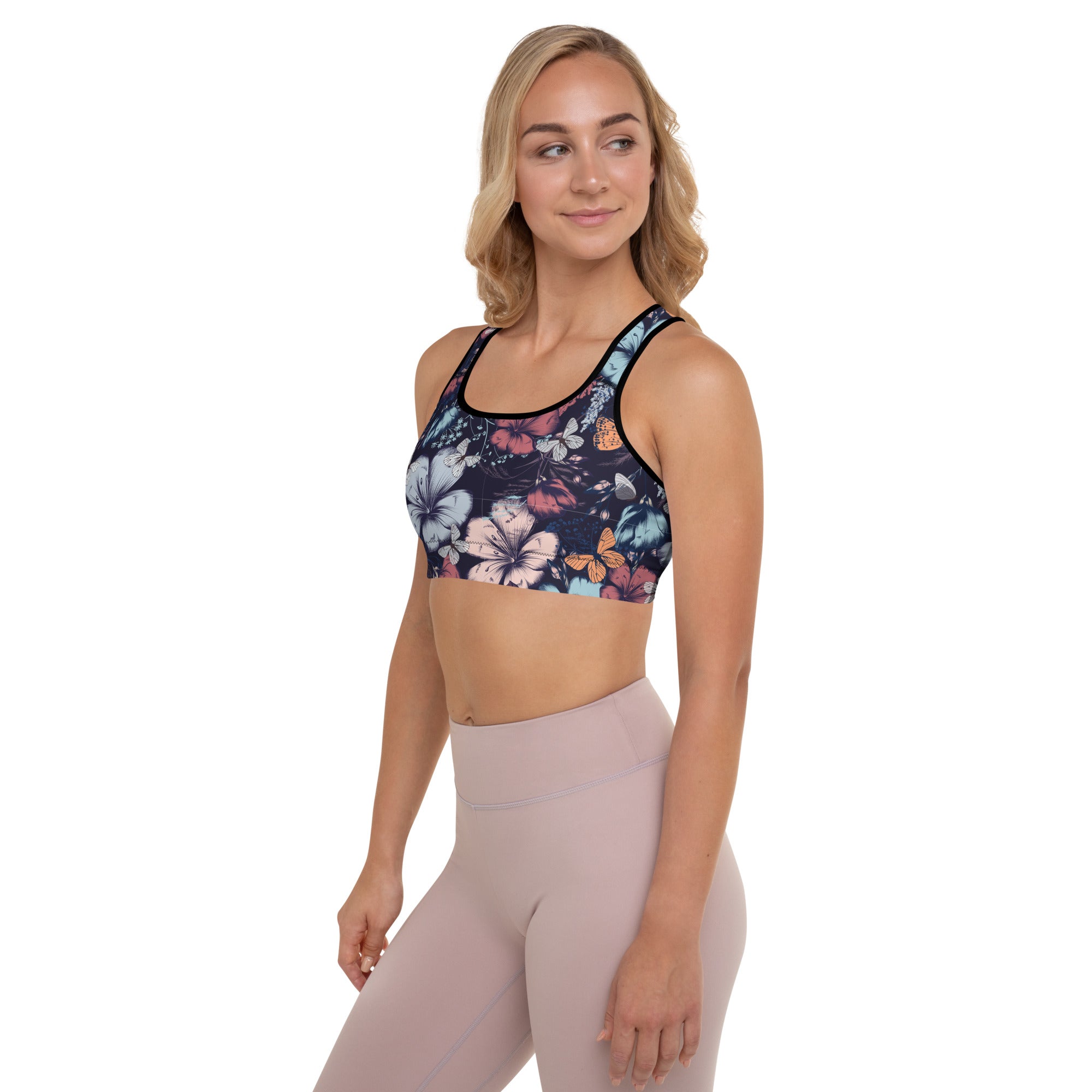 Padded Sports Bra- Butterfly garden vintage style