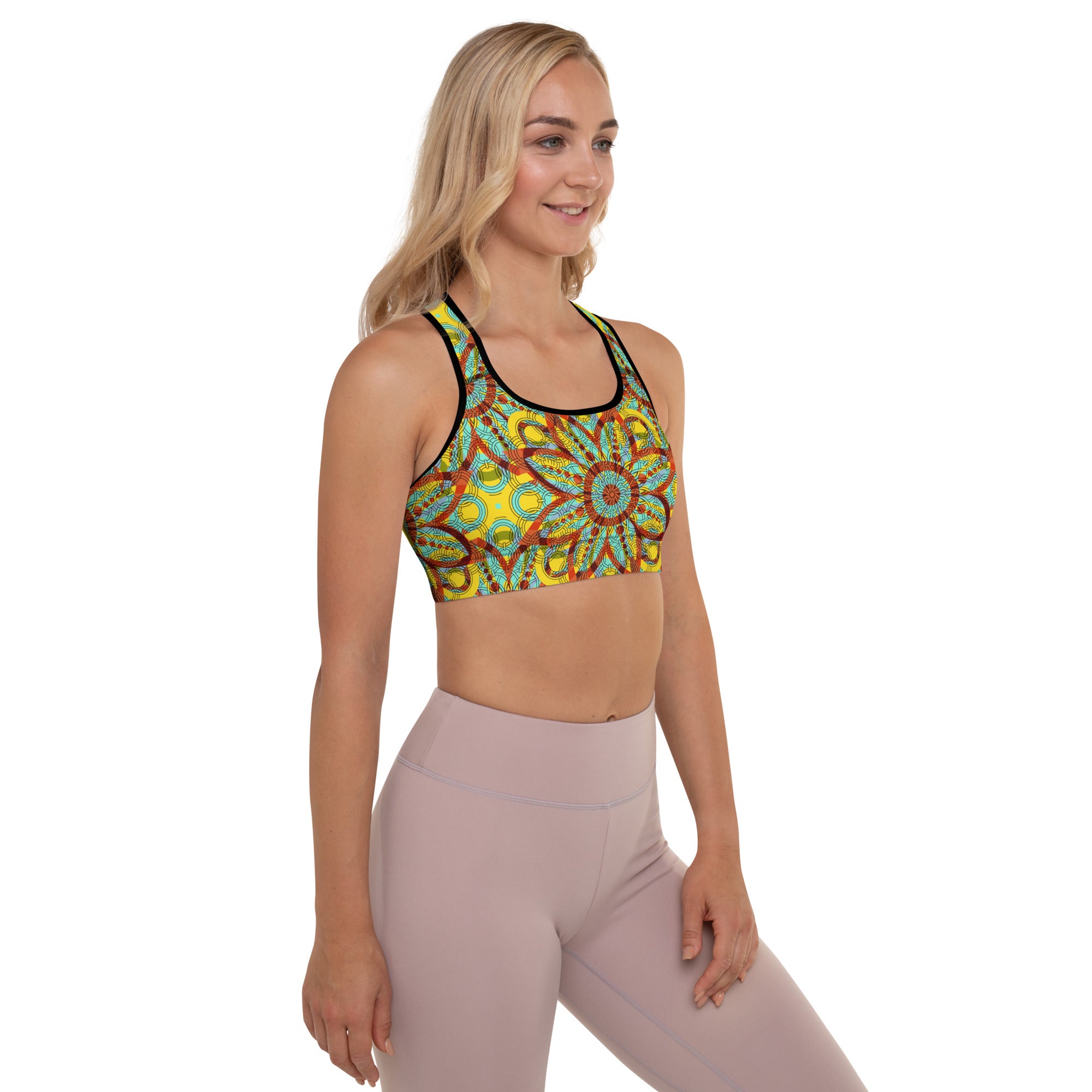 Padded Sports Bra- Floral kaleidoscope yellow