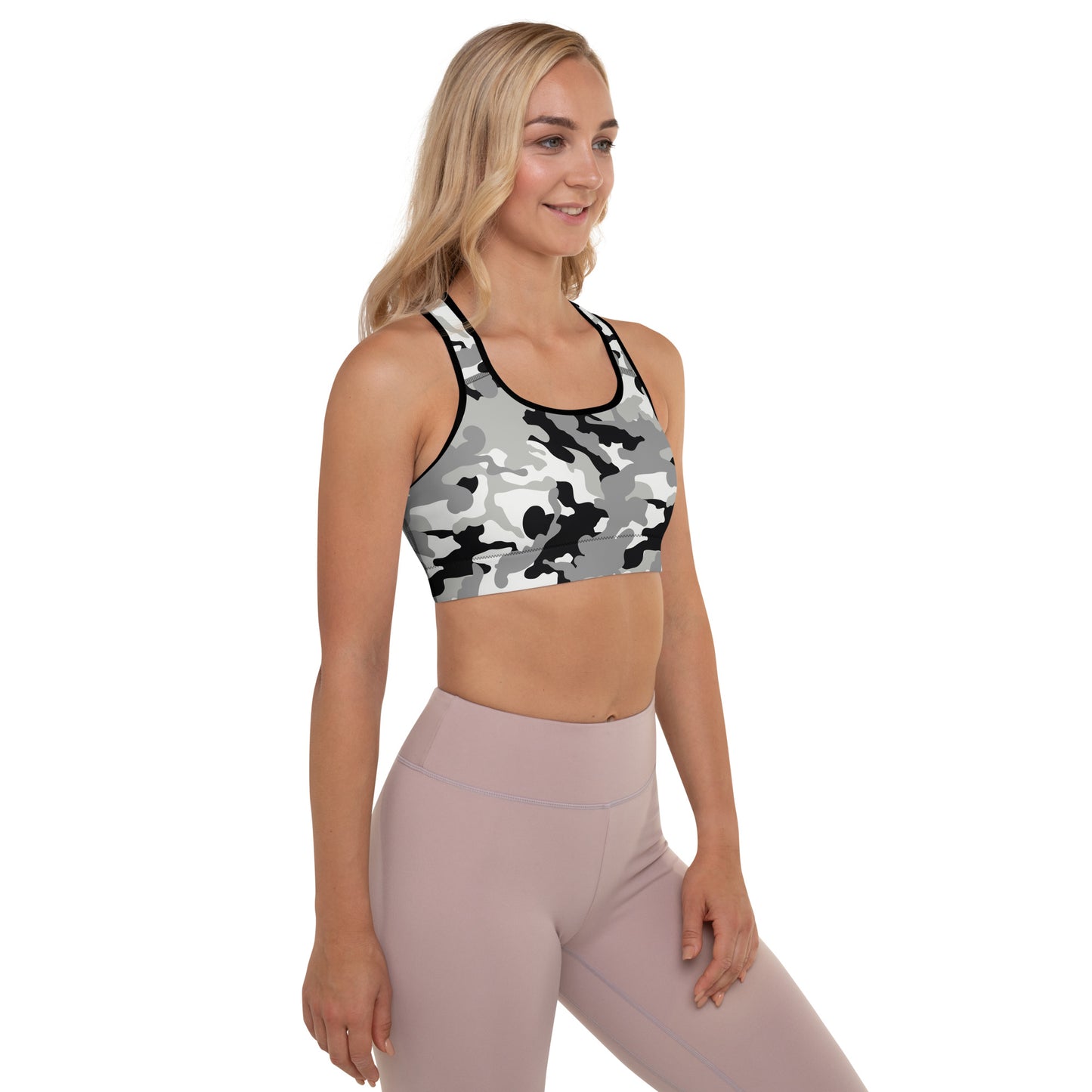 Padded Sports Bra- Camo grey and black