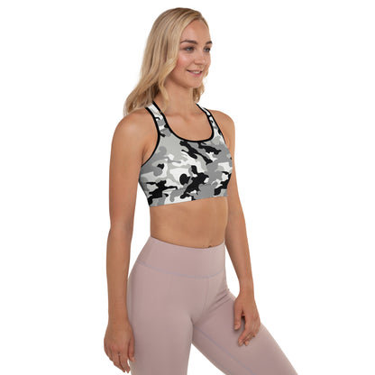 Padded Sports Bra- Camo grey and black