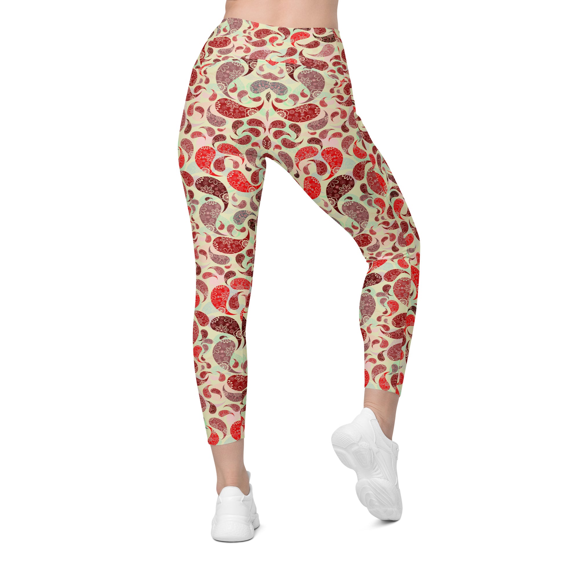 Crossover leggings with pockets- Paisley Red