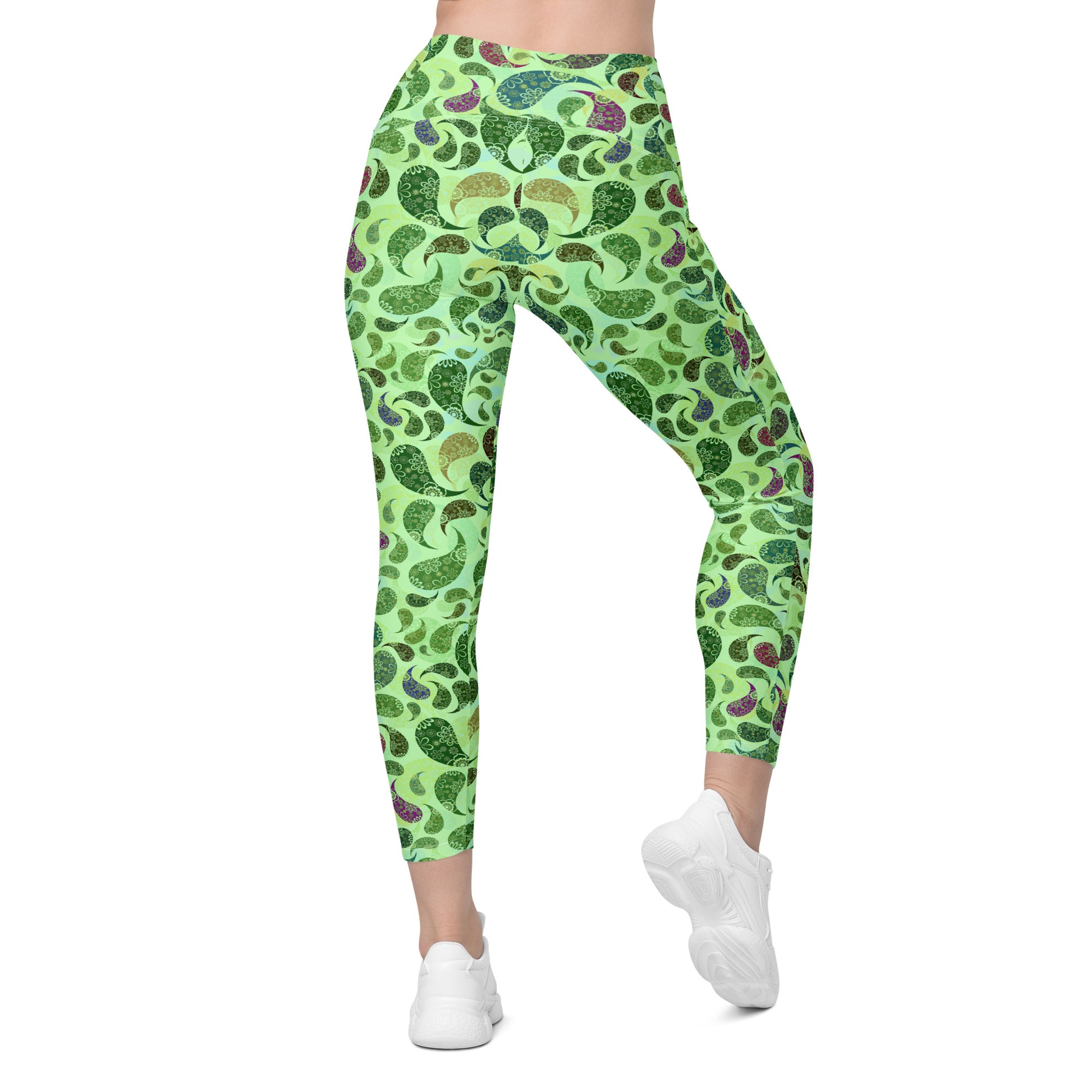Crossover leggings with pockets- Paisley green