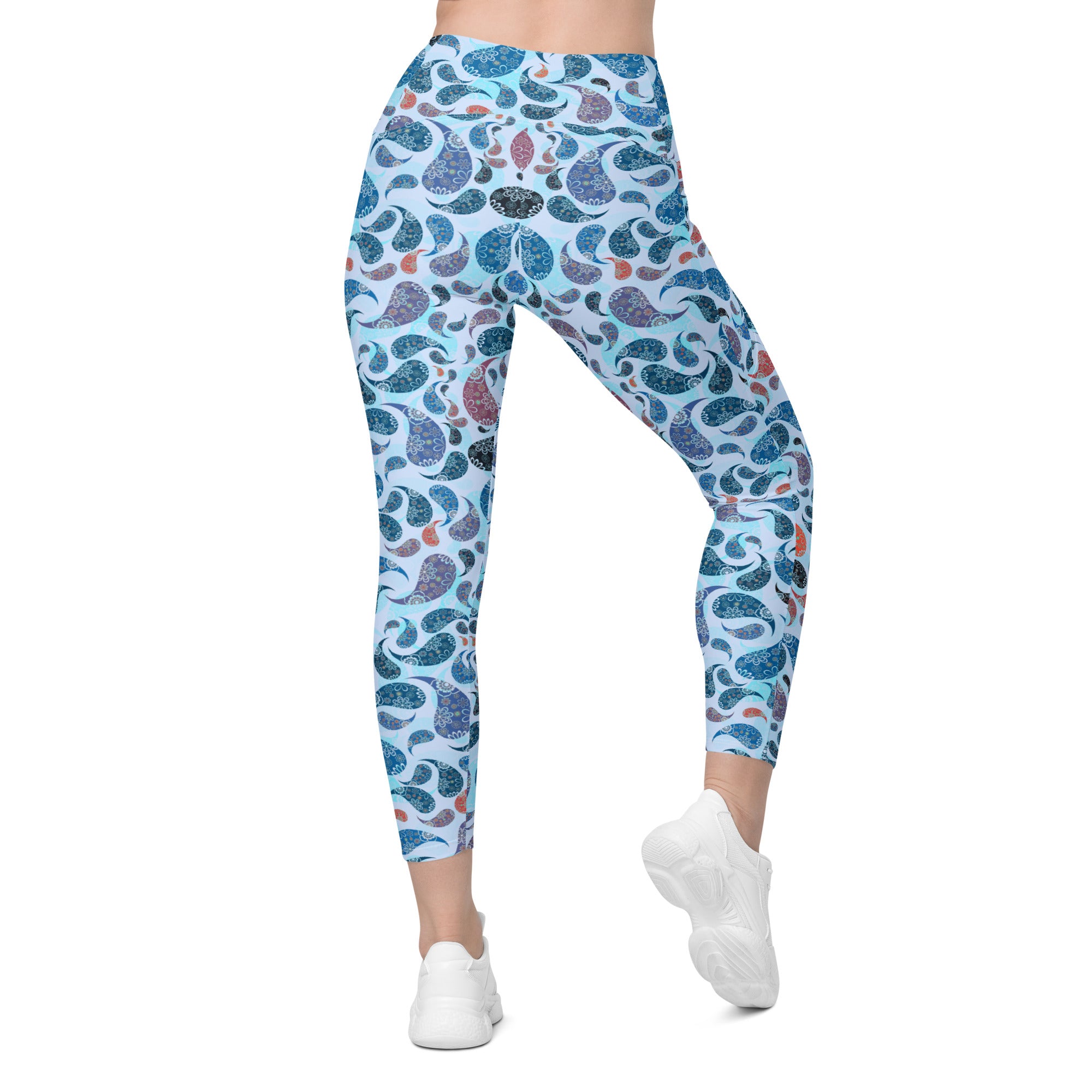 Crossover leggings with pockets- Paisley Blue