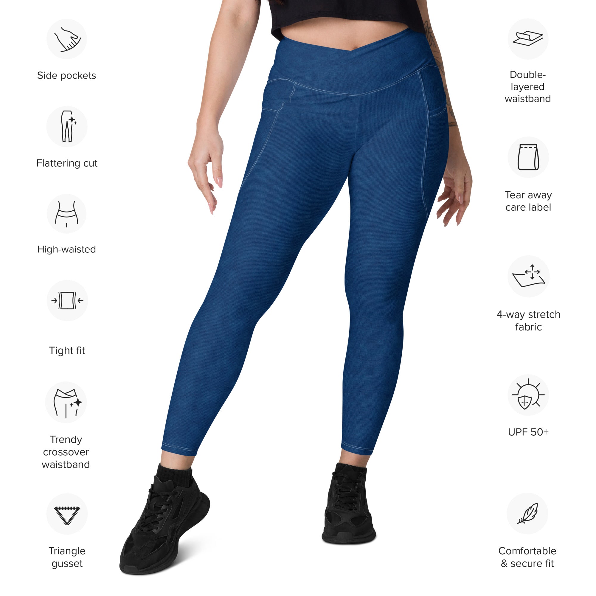 Crossover leggings with pockets- Denim Print Blue