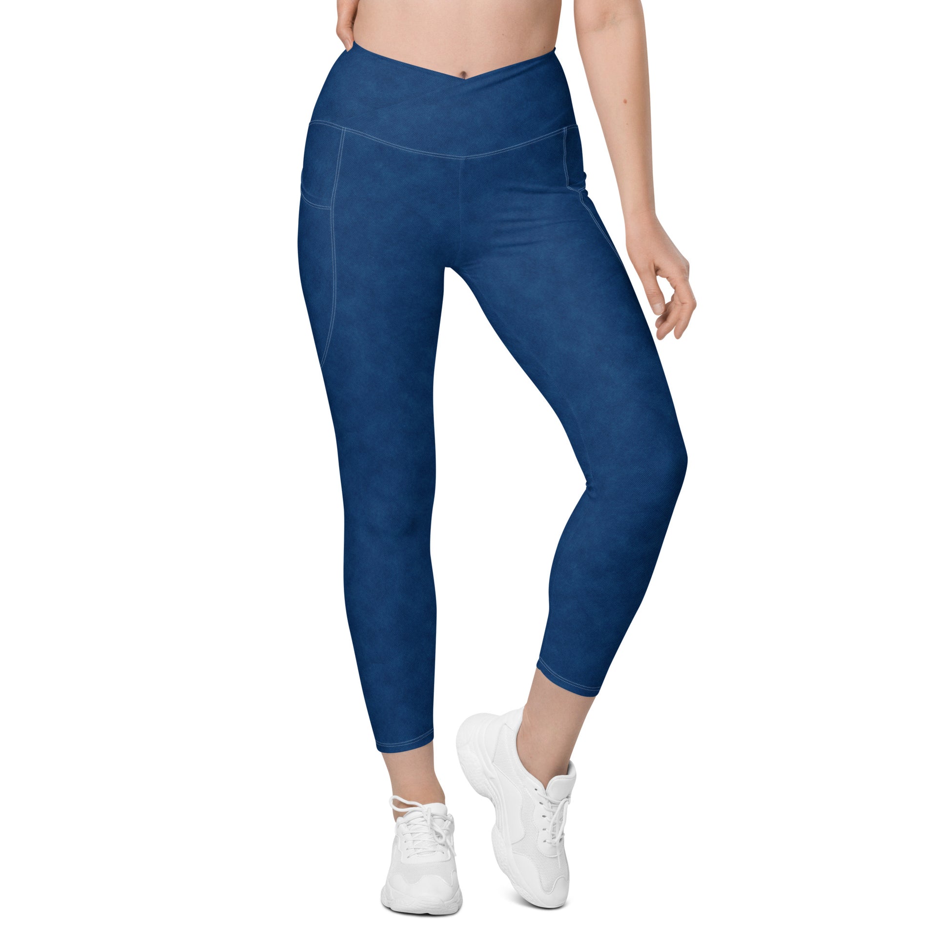 Crossover leggings with pockets- Denim Print Blue
