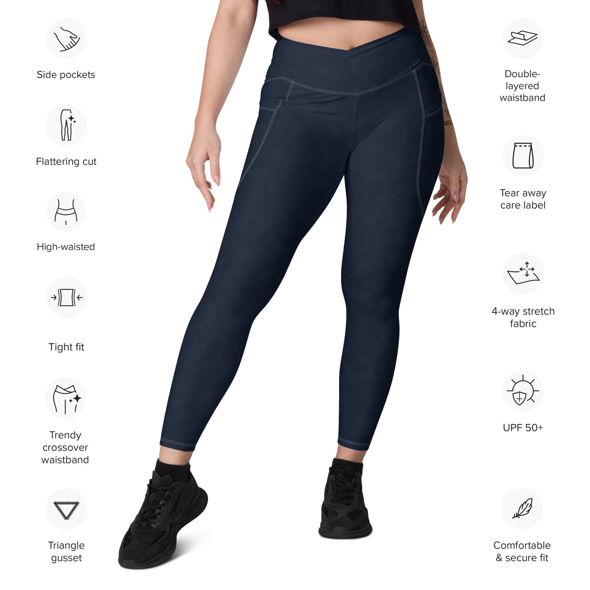 Crossover leggings with pockets- Denim Print Black