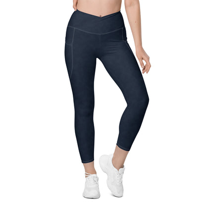Crossover leggings with pockets- Denim Print Black