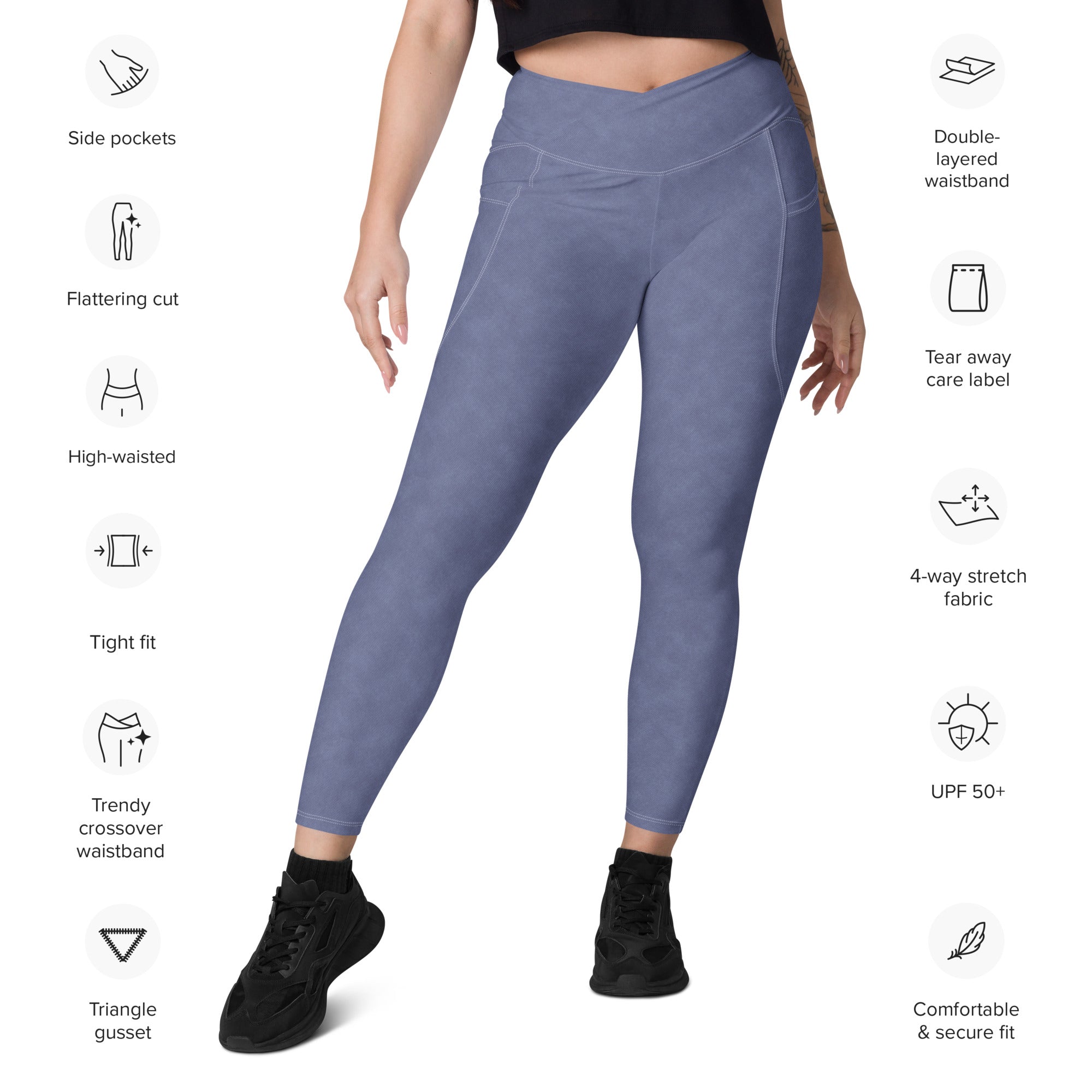 Crossover leggings with pockets- Denim Print Light Blue