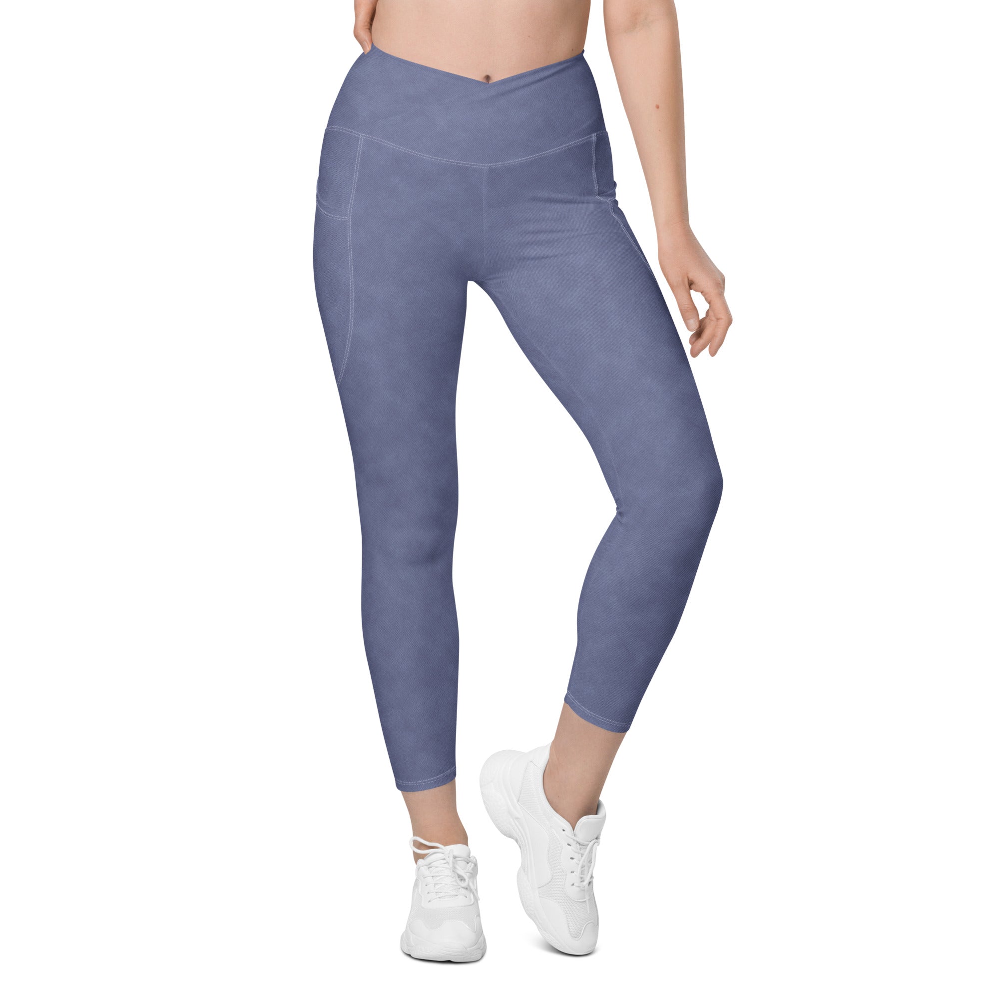 Crossover leggings with pockets- Denim Print Light Blue