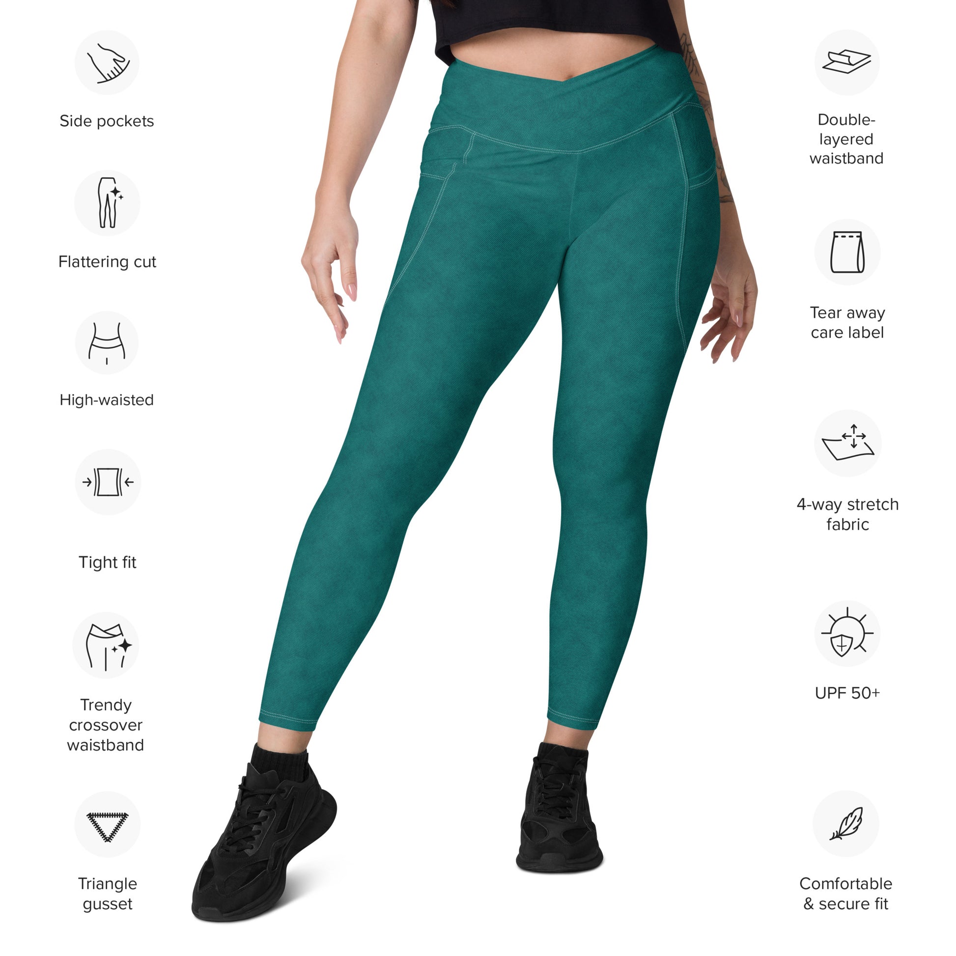 Crossover leggings with pockets- Denim print Green