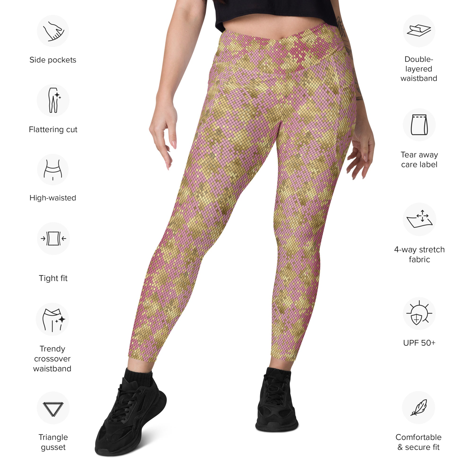 Crossover leggings with pockets- SNAKE Print GOLD AND PINK
