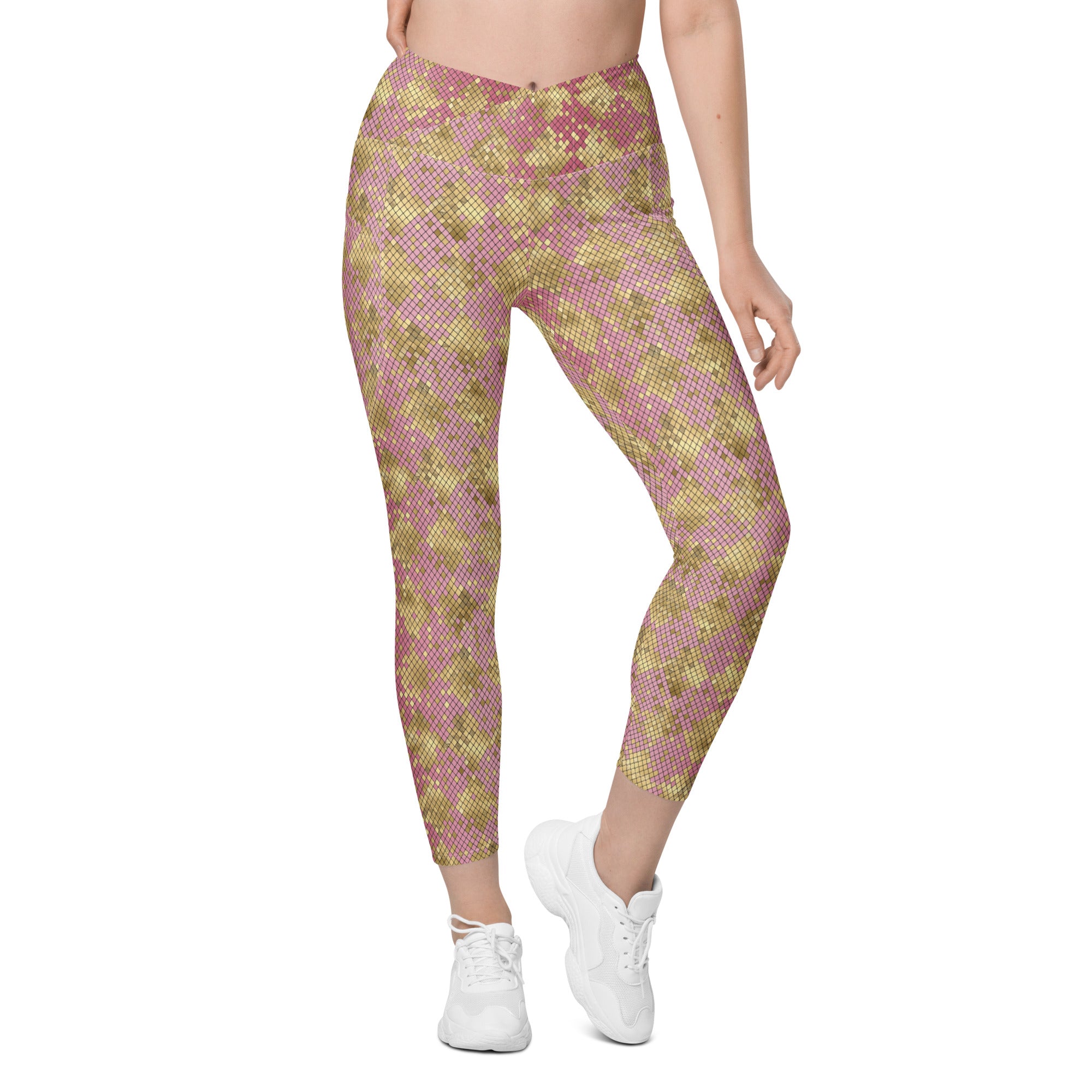 Crossover leggings with pockets- SNAKE Print GOLD AND PINK